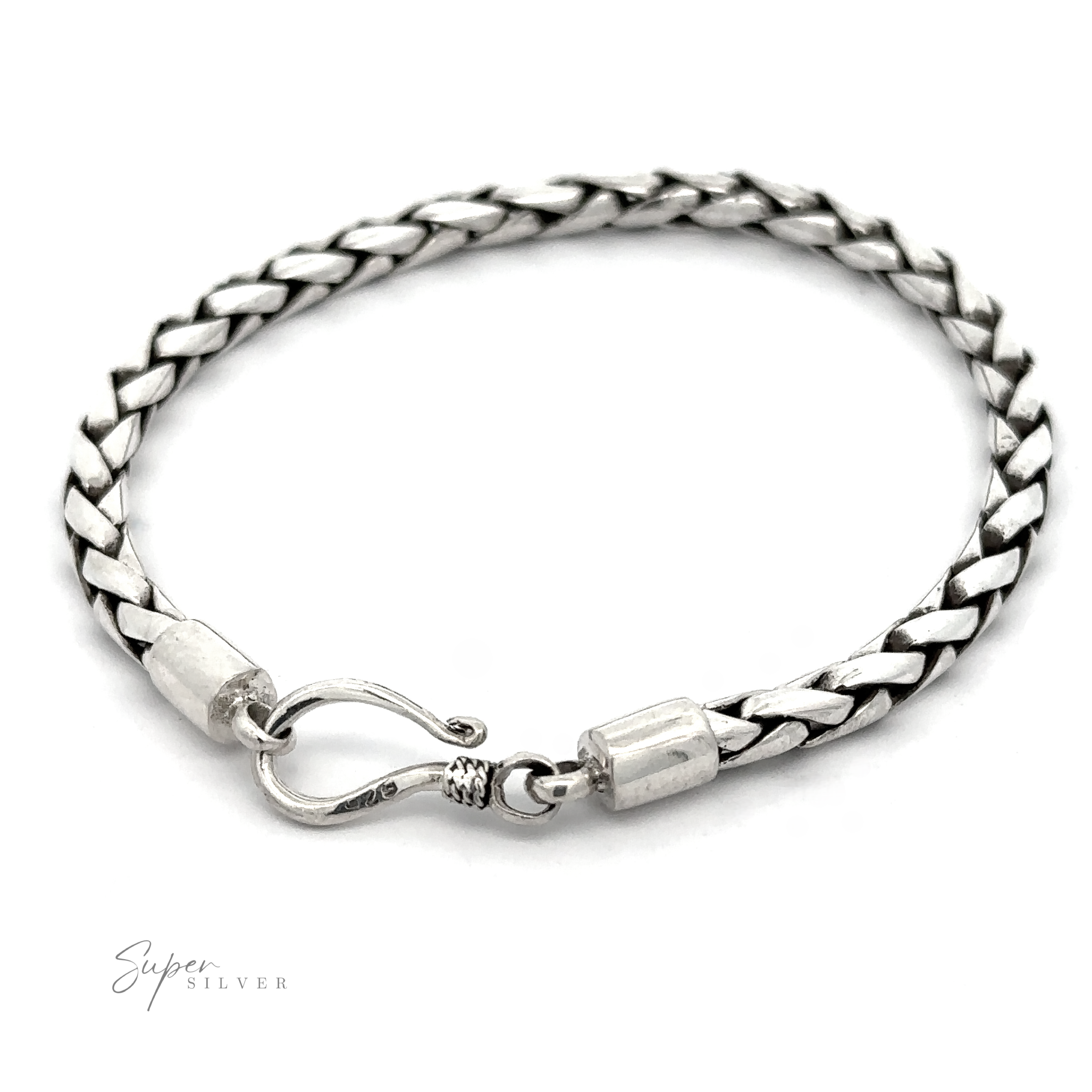 A 4mm Bright Rope Bracelet with a hook clasp is displayed on a white background. The bracelet appears intricately designed with a polished finish, perfect for stacking or wearing alone.