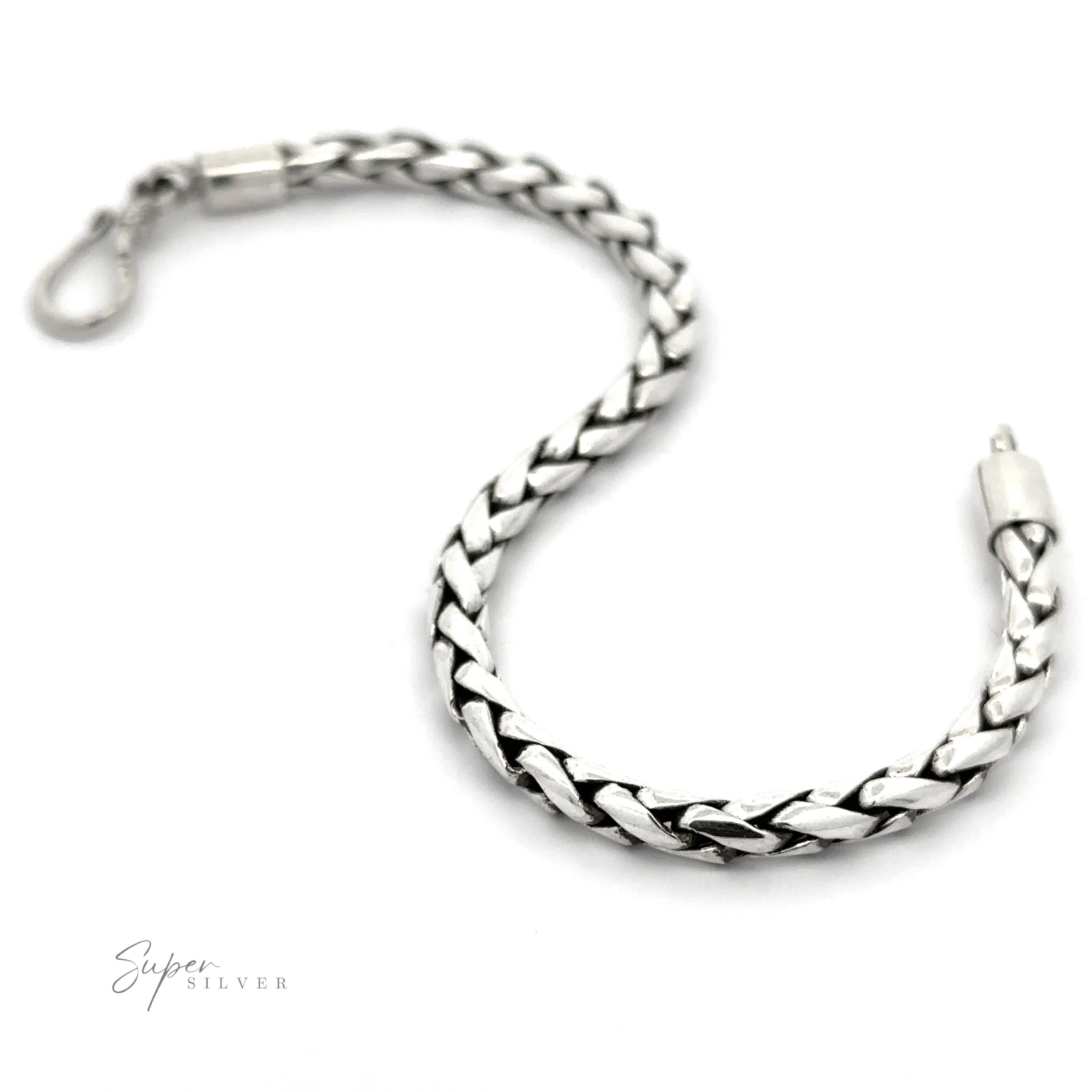 A stylish bracelet, this 4mm Bright Rope Bracelet with a lobster clasp lies gracefully on a white background. Crafted from .925 Sterling Silver, the logo "Super Silver" is visible at the bottom left corner.
