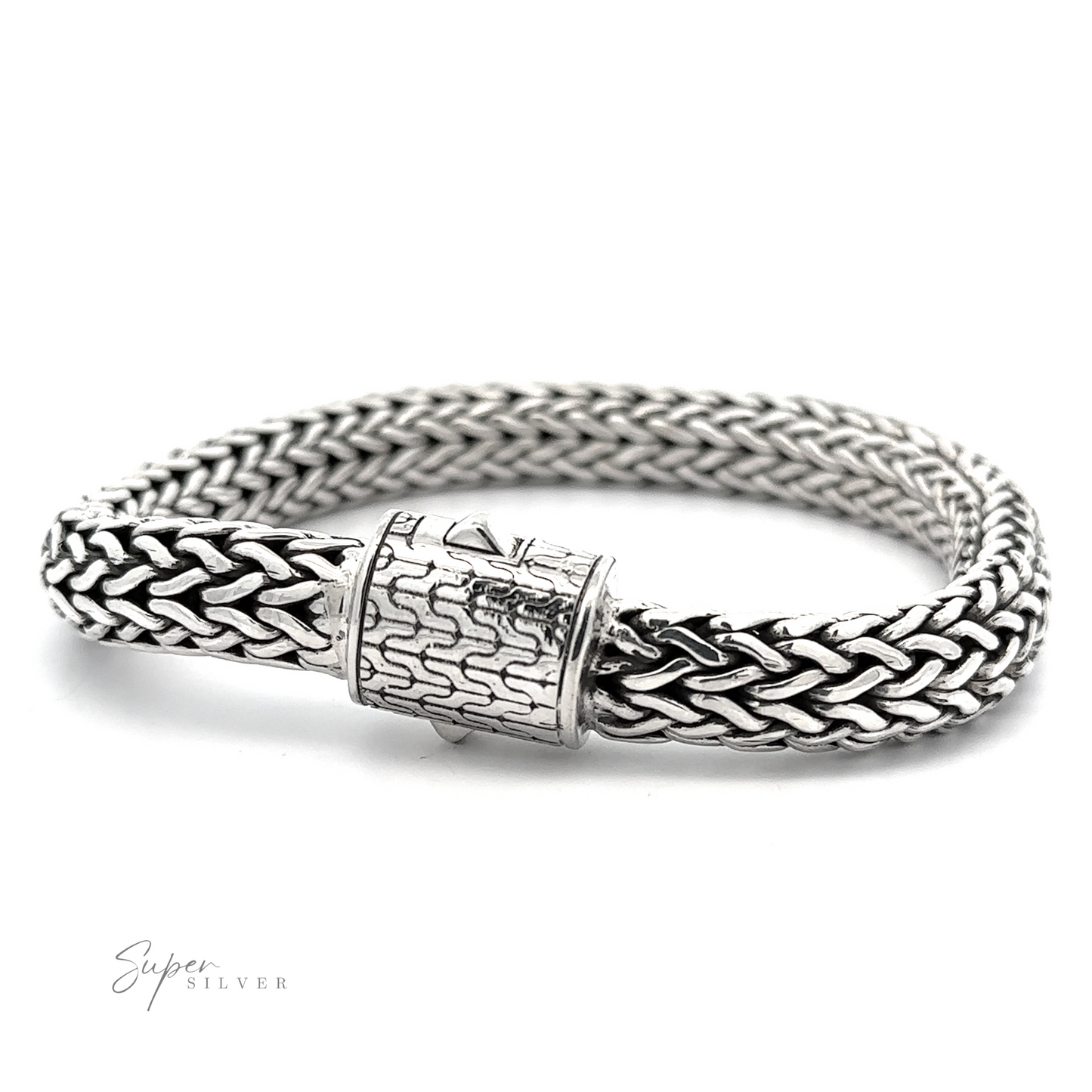 A woven Heavy Braided Bracelet with an intricate snap clasp, featuring a contrasting pattern and texture. The brand name "Super Silver" is inscribed in the bottom left corner.
