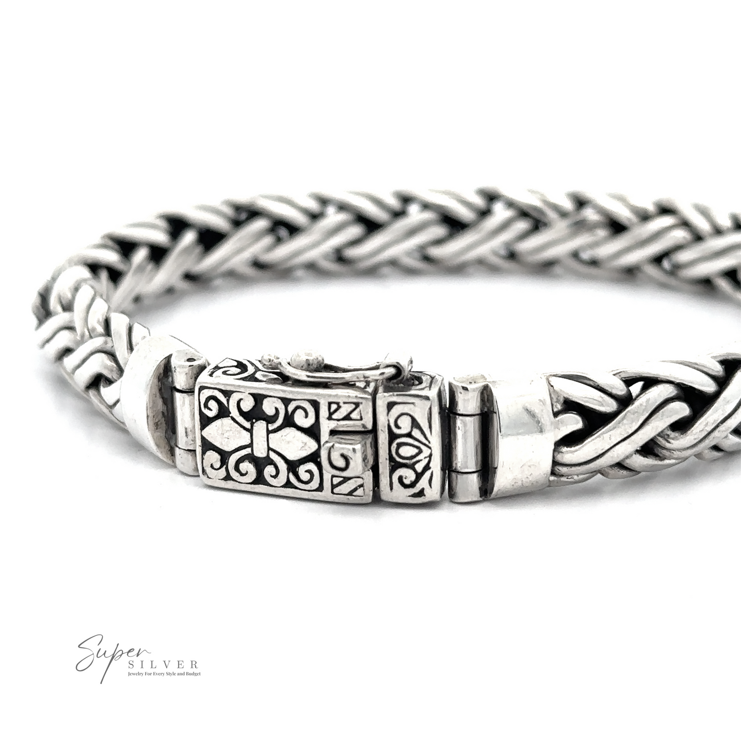 Intricately woven Heavy Double Strand Braided Bracelet with detailed clasp and design elements. This heavy braided bracelet is a true statement piece. Logo in the bottom left corner reads "Super Silver".