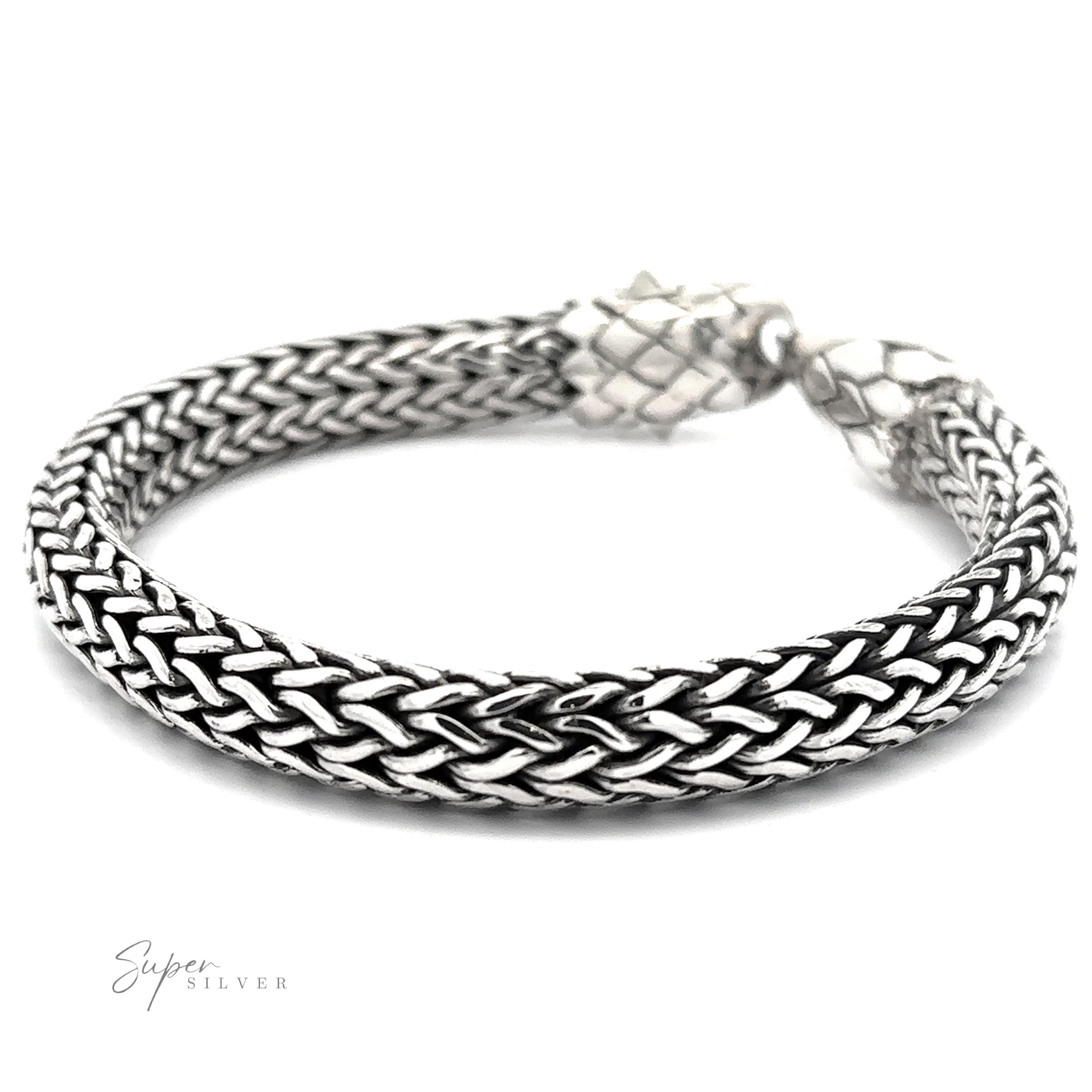 A Heavy Braided Bracelet with Eagle Clasp with a detailed eagle head clasp and a textured design is displayed on a plain background. The brand name "Super Silver" is present in the corner, showcasing the .925 Sterling Silver craftsmanship.