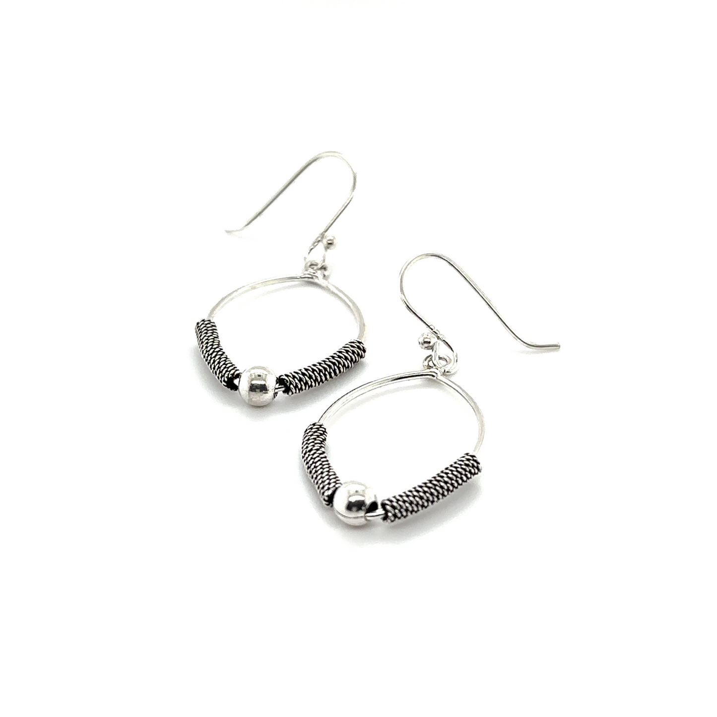 
                  
                    Handmade Bali Rope Texture Earrings with intricate silver work, showcased on a white background by Super Silver.
                  
                
