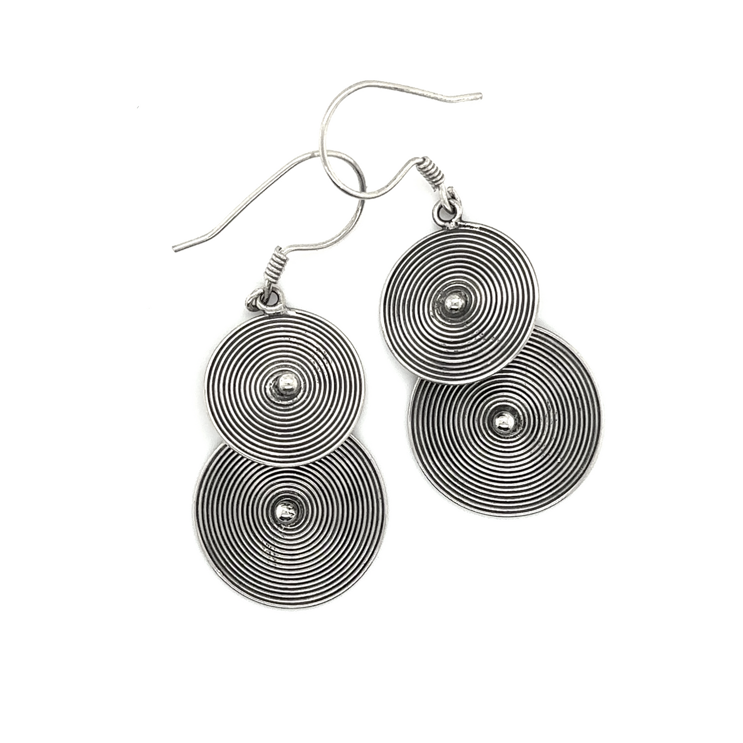 A pair of Super Silver Bali Earrings with Two Spiral Disks with intricate swirls inspired by Bali.