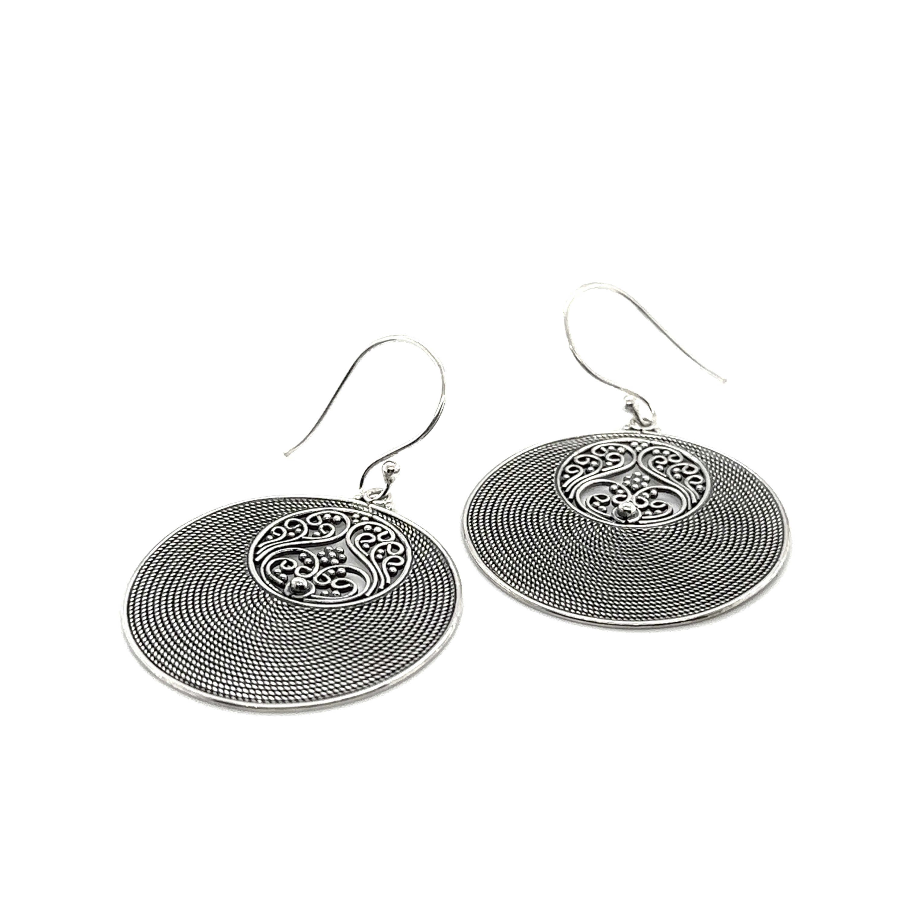 A pair of Super Silver Statement Intricate Round Bali Earrings with a circular design.