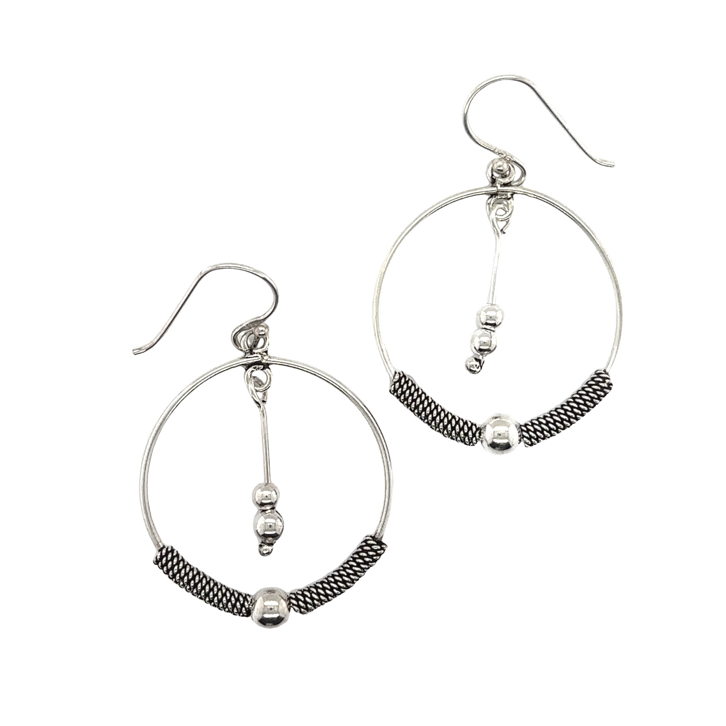 
                  
                    A pair of Super Silver Bali Style Circle Drop Earrings with Tassel.
                  
                
