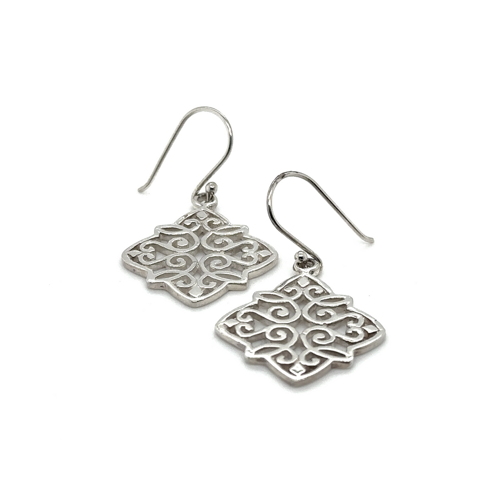 A pair of Diamond Shaped Earrings with Swirl Design by Super Silver, with a filigree design and french hook.