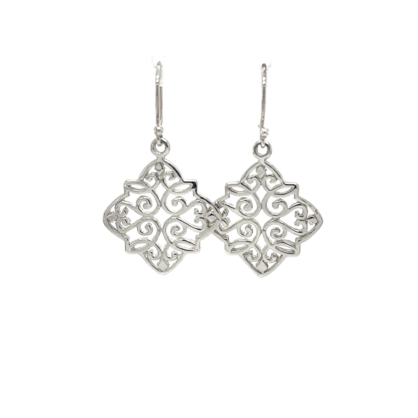A pair of Super Silver Diamond Shaped Earrings with Swirl Design. These exquisite earrings feature a stunning Super Silver filigree pattern with intricate details. The earrings are crafted with high-quality sterling silver, making