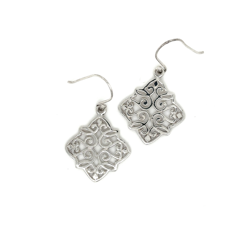 
                  
                    Super Silver's Diamond Shaped Earrings with Swirl Design, made of sterling silver, featuring a delicate filigree design.
                  
                