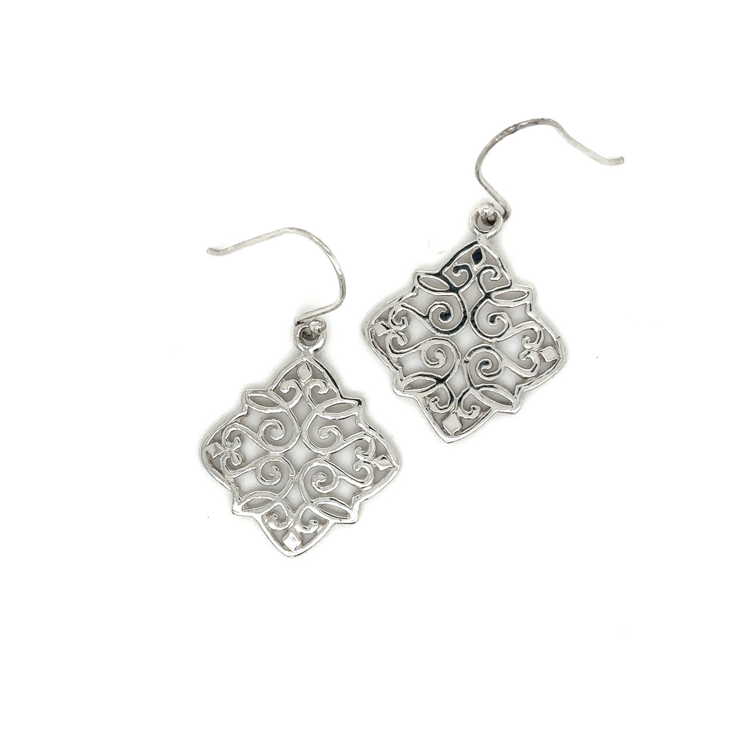 
                  
                    Super Silver's Diamond Shaped Earrings with Swirl Design, made of sterling silver, featuring a delicate filigree design.
                  
                