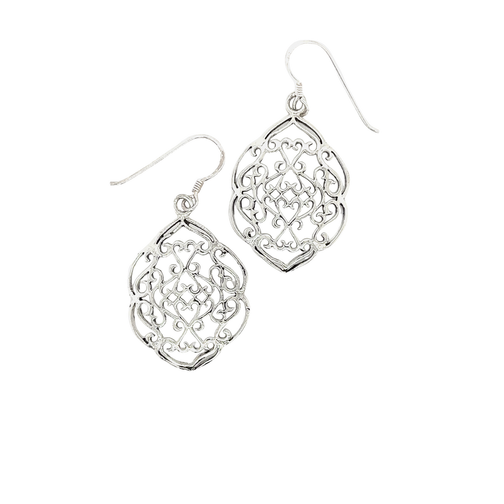 A pair of Super Silver Shield Earrings With Swirl Design.