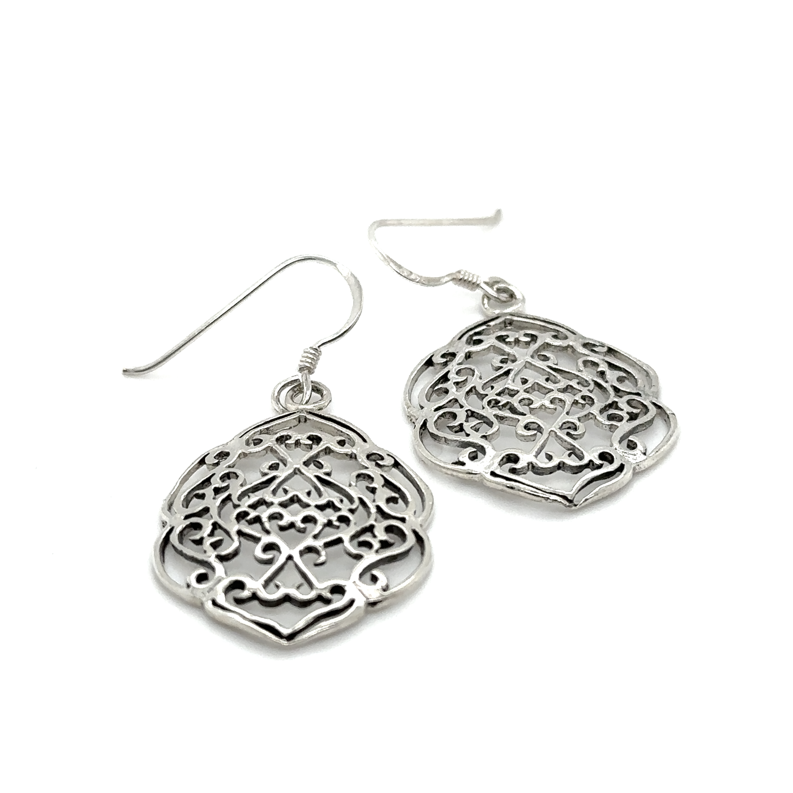 A pair of Super Silver Shield Earrings With Swirl Design.