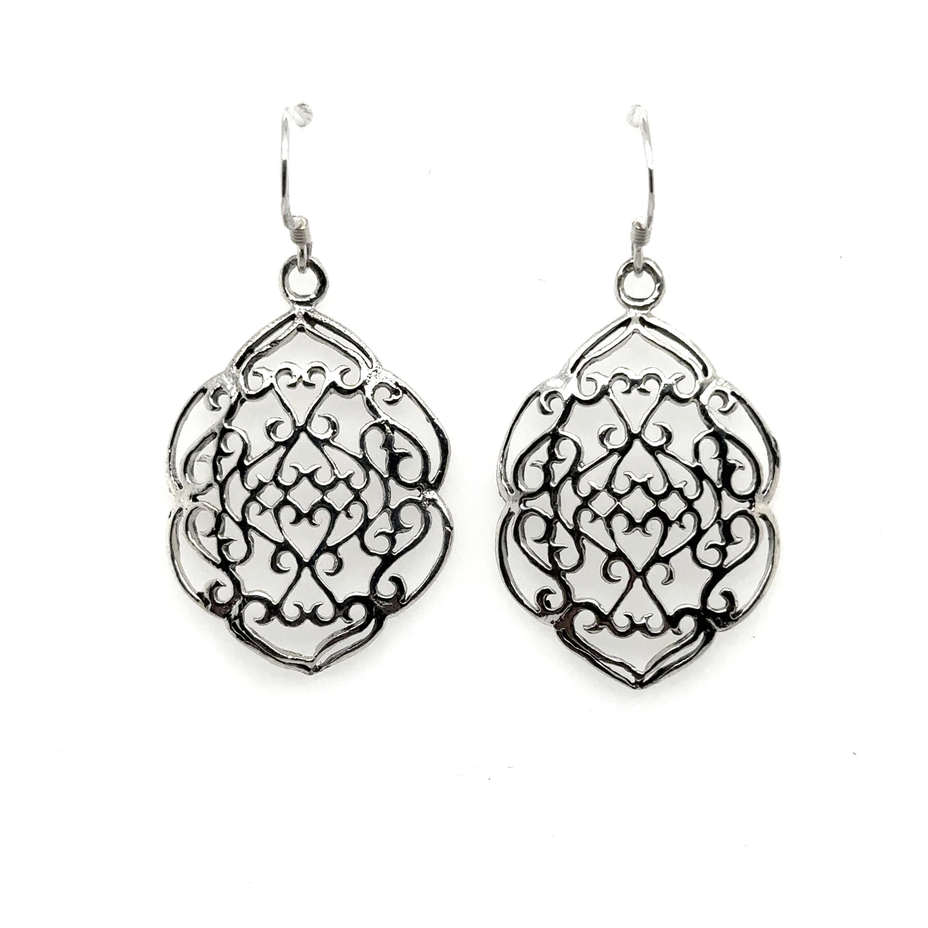 A pair of Super Silver Shield Earrings With Swirl Design.