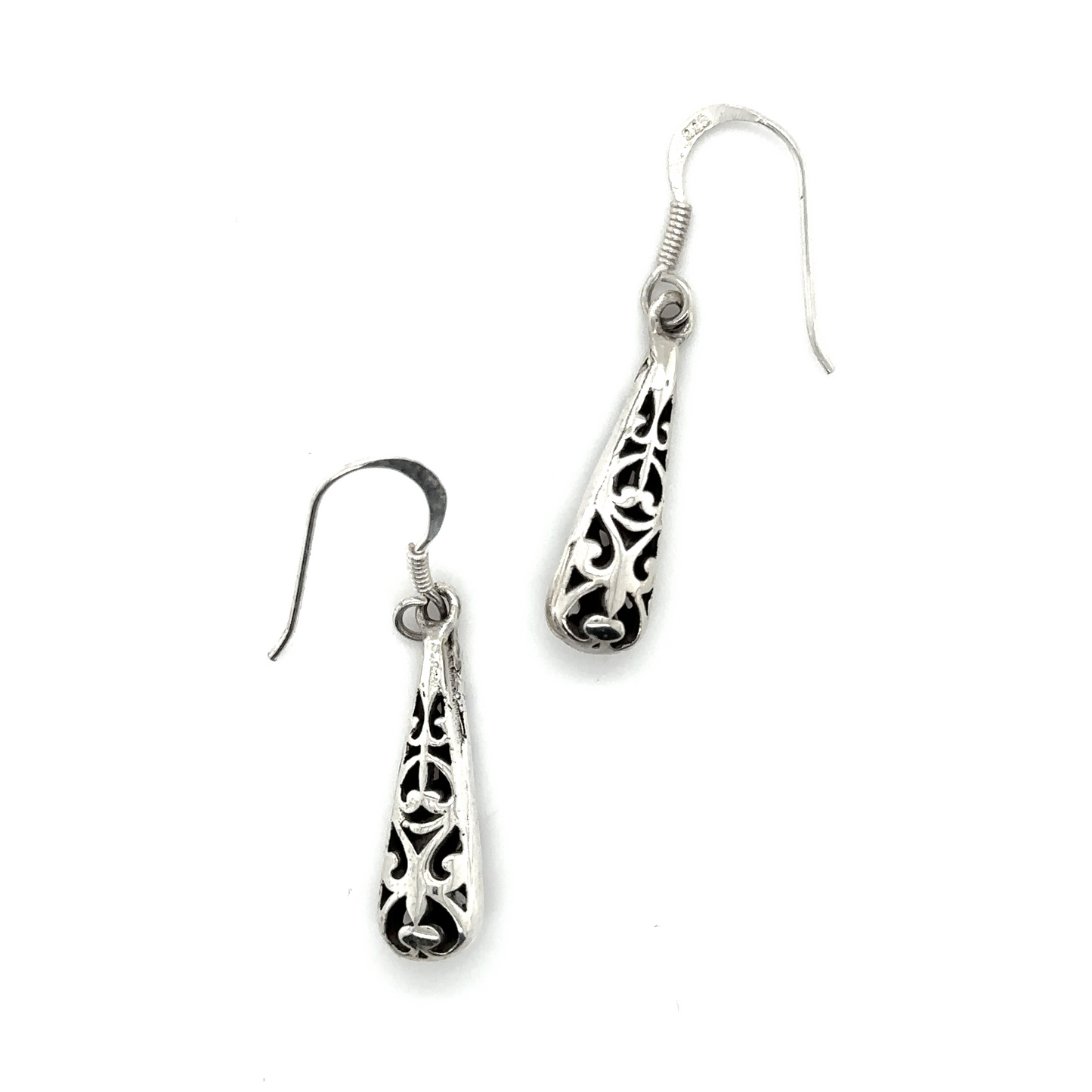 
                  
                    A pair of Super Silver Bali Style Teardrop Earrings with black and white designs.
                  
                