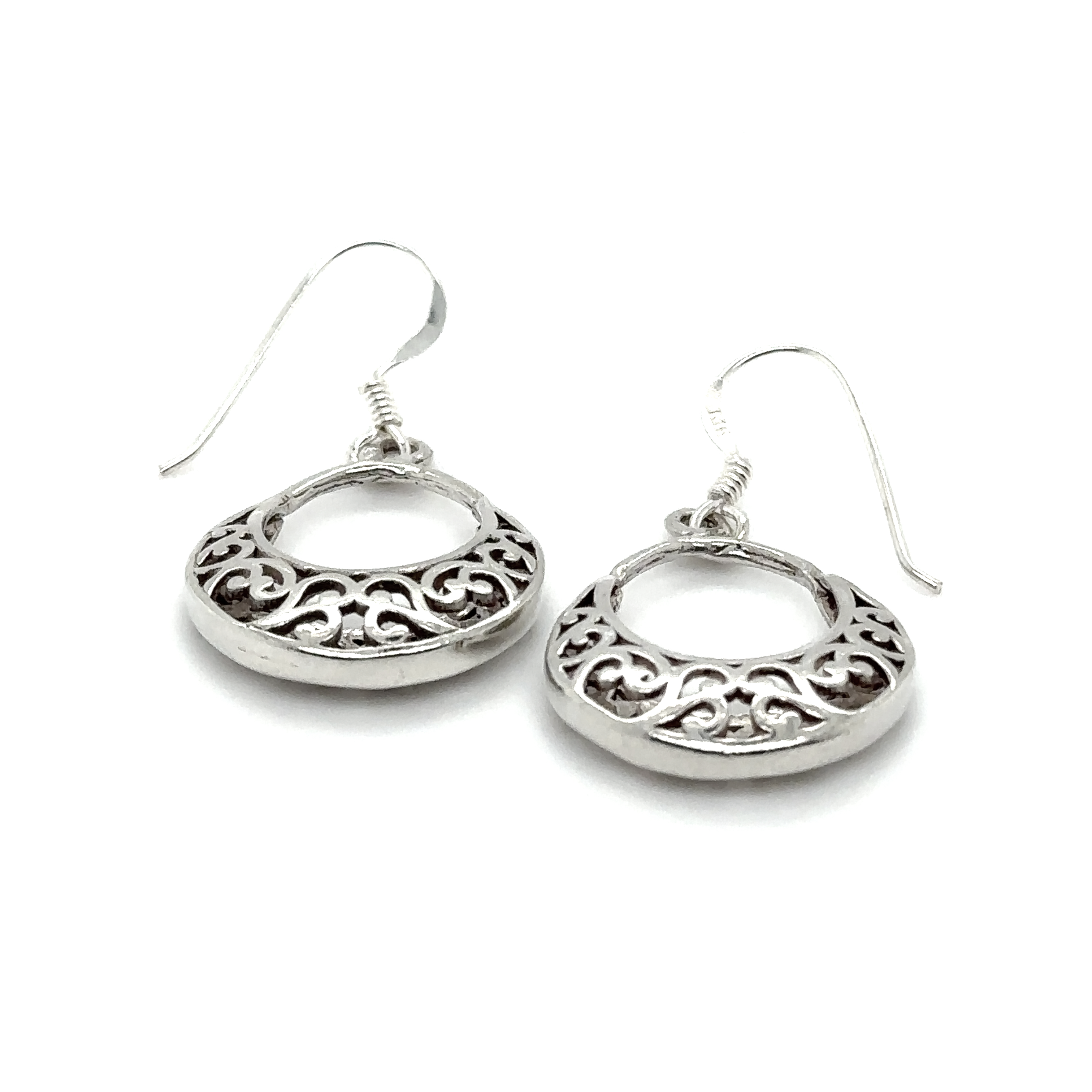 Crescent Filigree Drop Earrings: sterling silver earrings featuring intricate scrollwork on round, slightly domed pendants with hook fastenings.