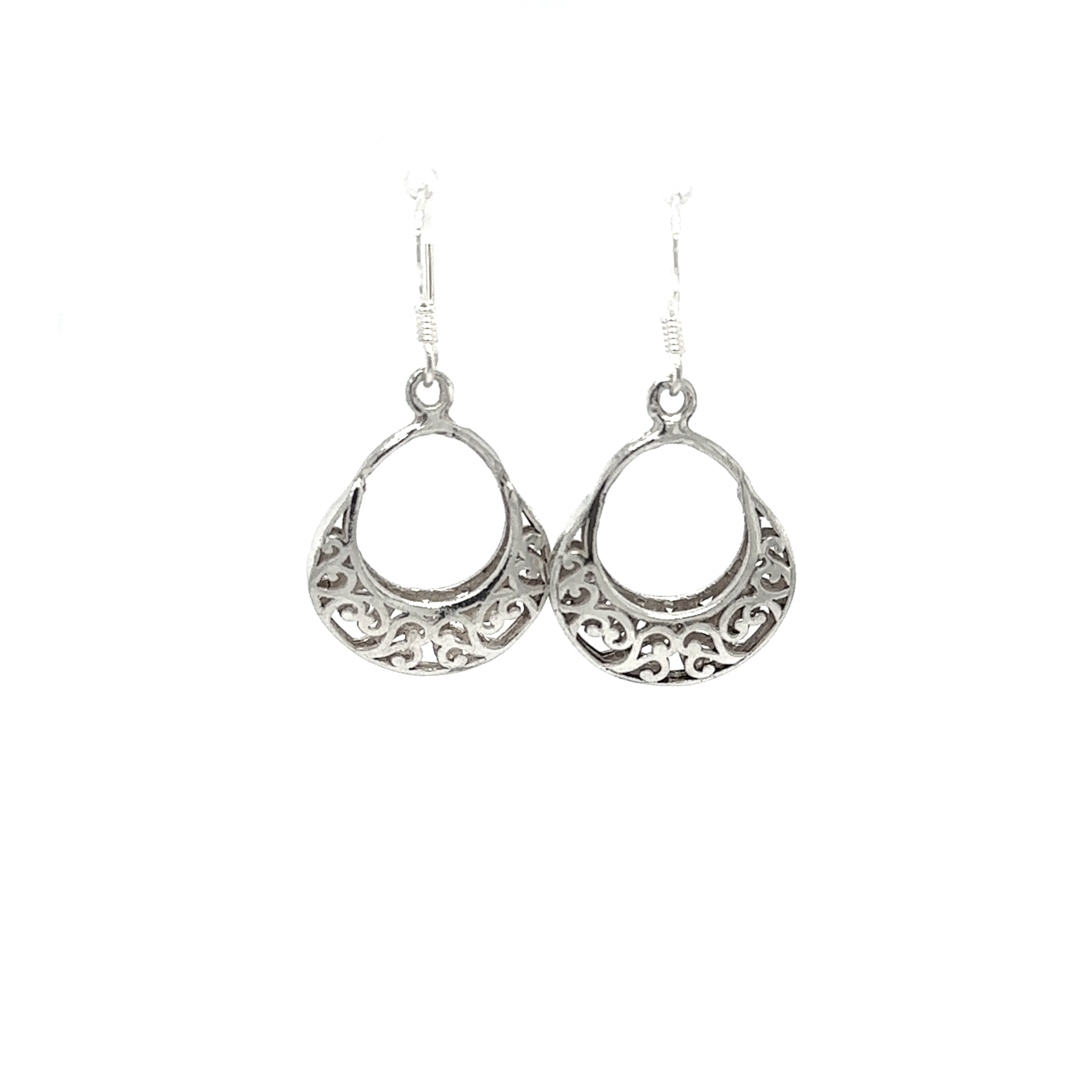 Crescent Filigree Drop Earrings—sterling silver pair featuring an open circular center with intricate filigree scrollwork on the lower half, displayed on a white background.