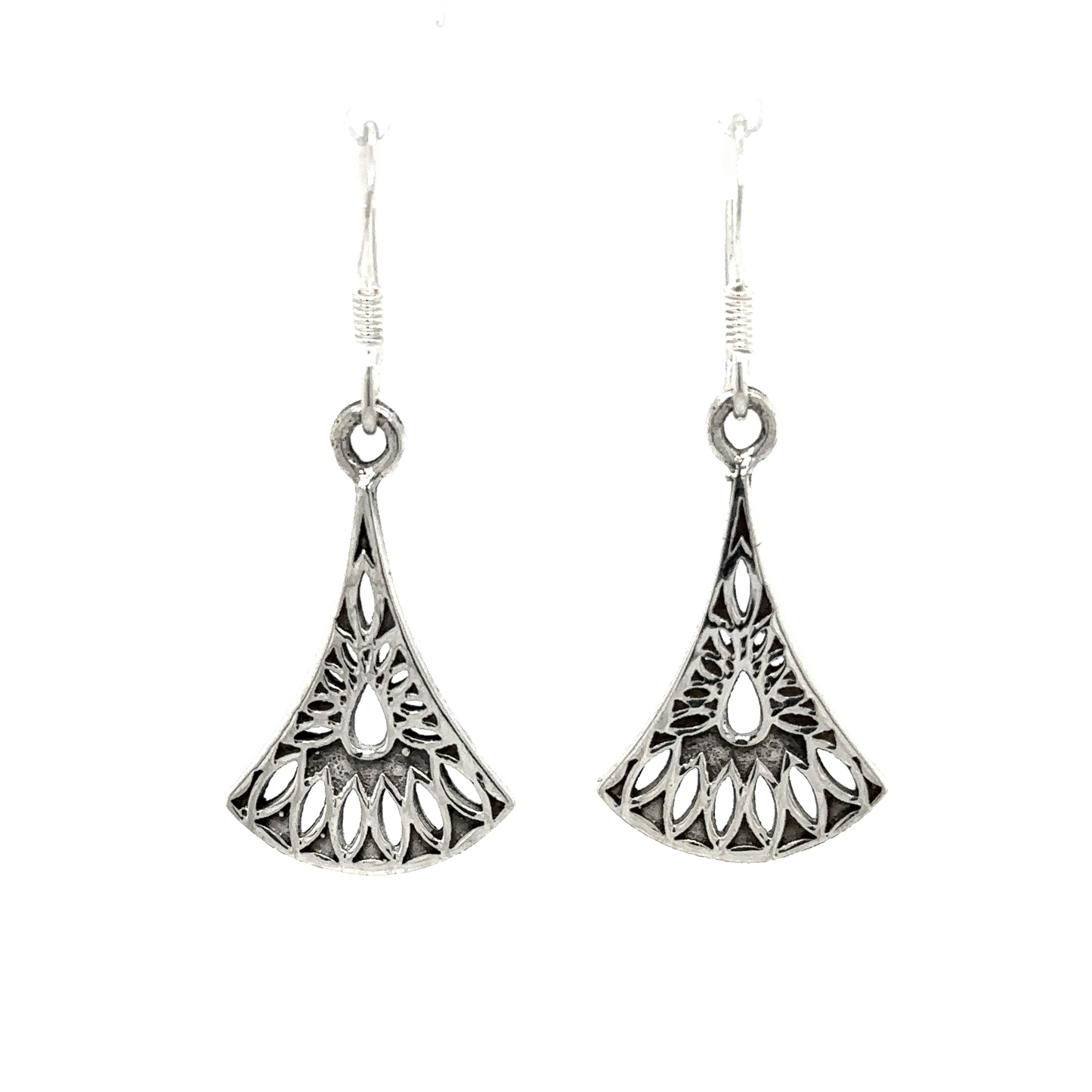 
                  
                    A pair of Super Silver Fan Shaped Earrings with Cutouts, approximate length.
                  
                