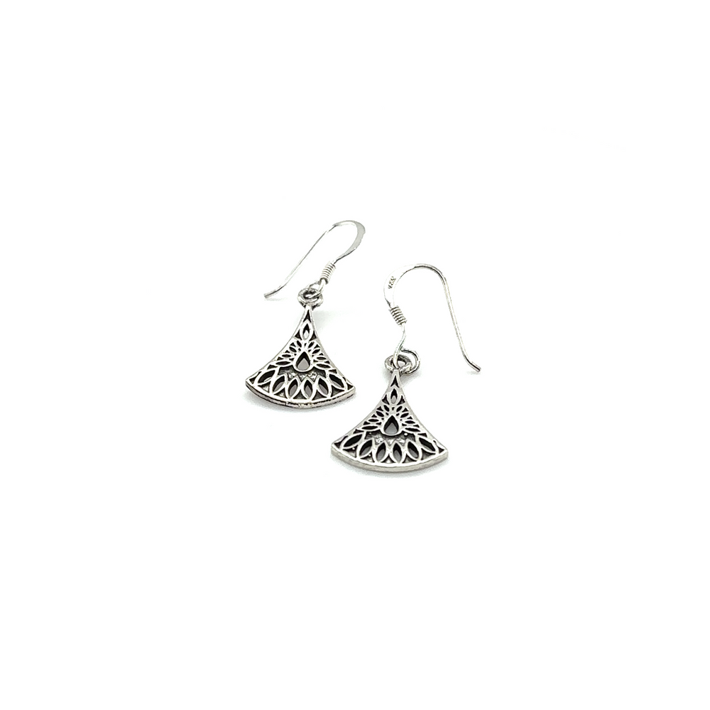 
                  
                    A pair of Super Silver Fan Shaped Earrings with Cutouts, featuring a filigree design.
                  
                