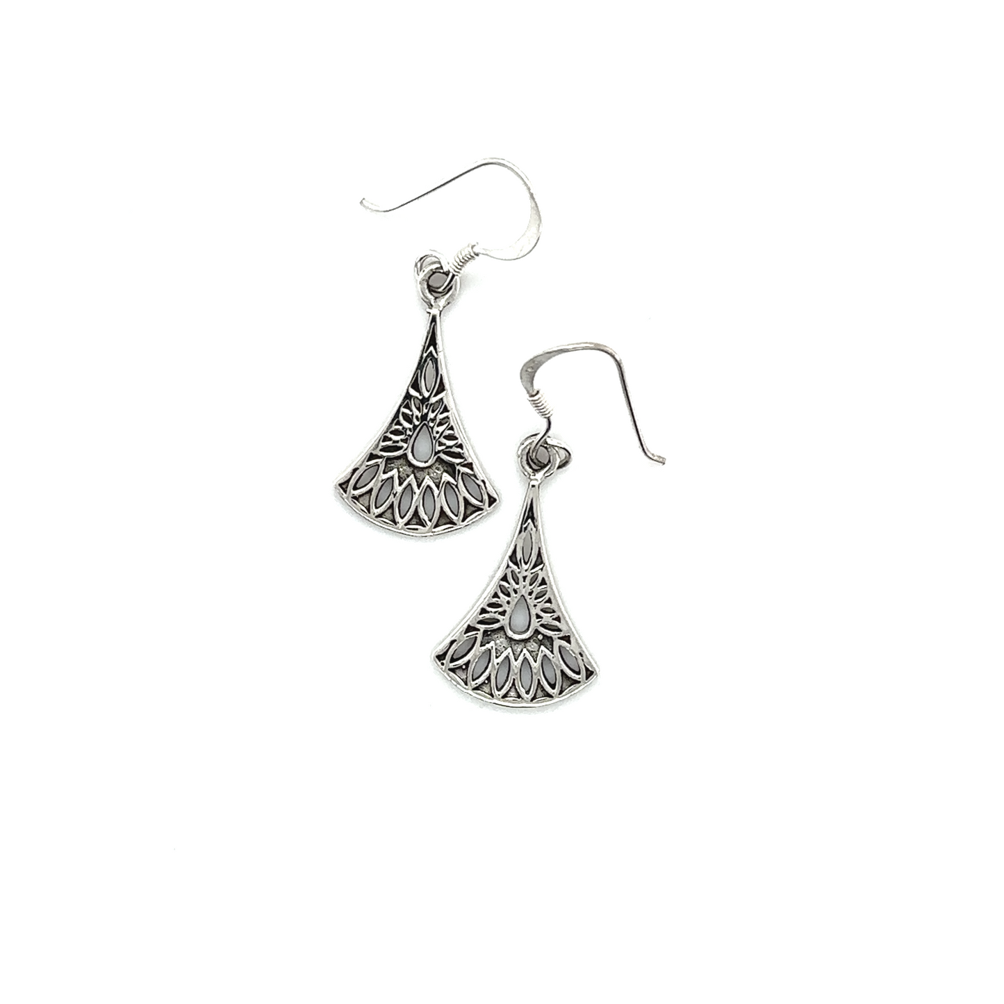 
                  
                    A pair of Super Silver fan-shaped silver earrings with a filigree design made of sterling silver material.
                  
                