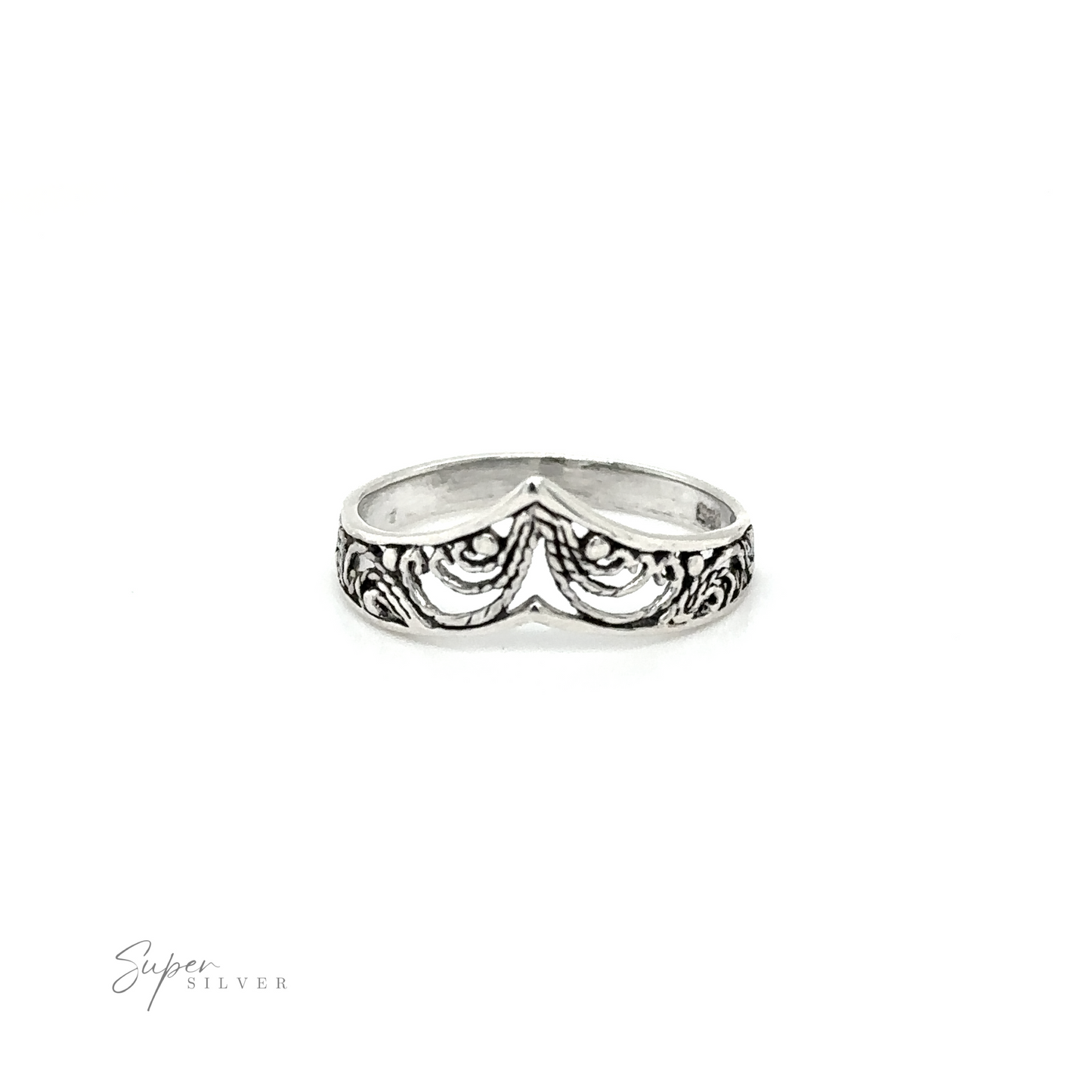 
                  
                    A chic Chevron ring with lacey filigree swirls and Victorian charm.
                  
                