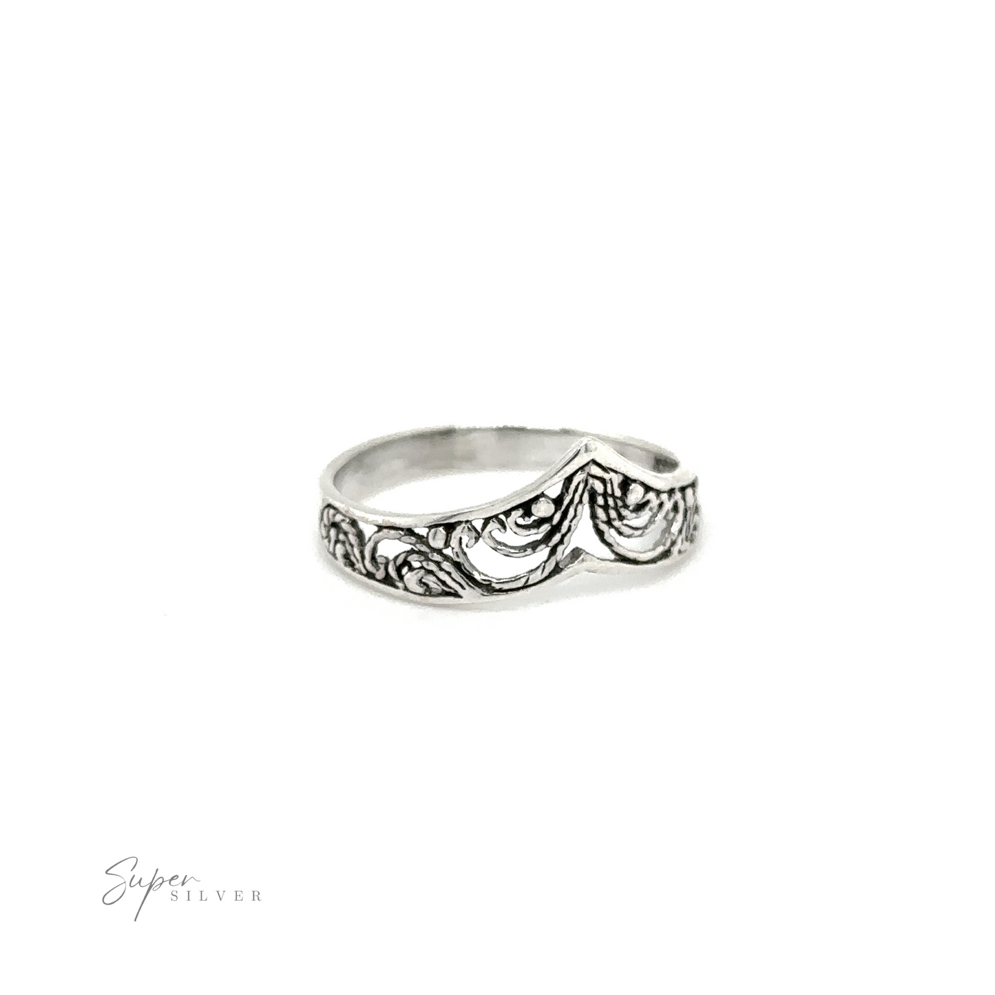 
                  
                    A chic Chevron ring with lacey filigree swirls.
                  
                