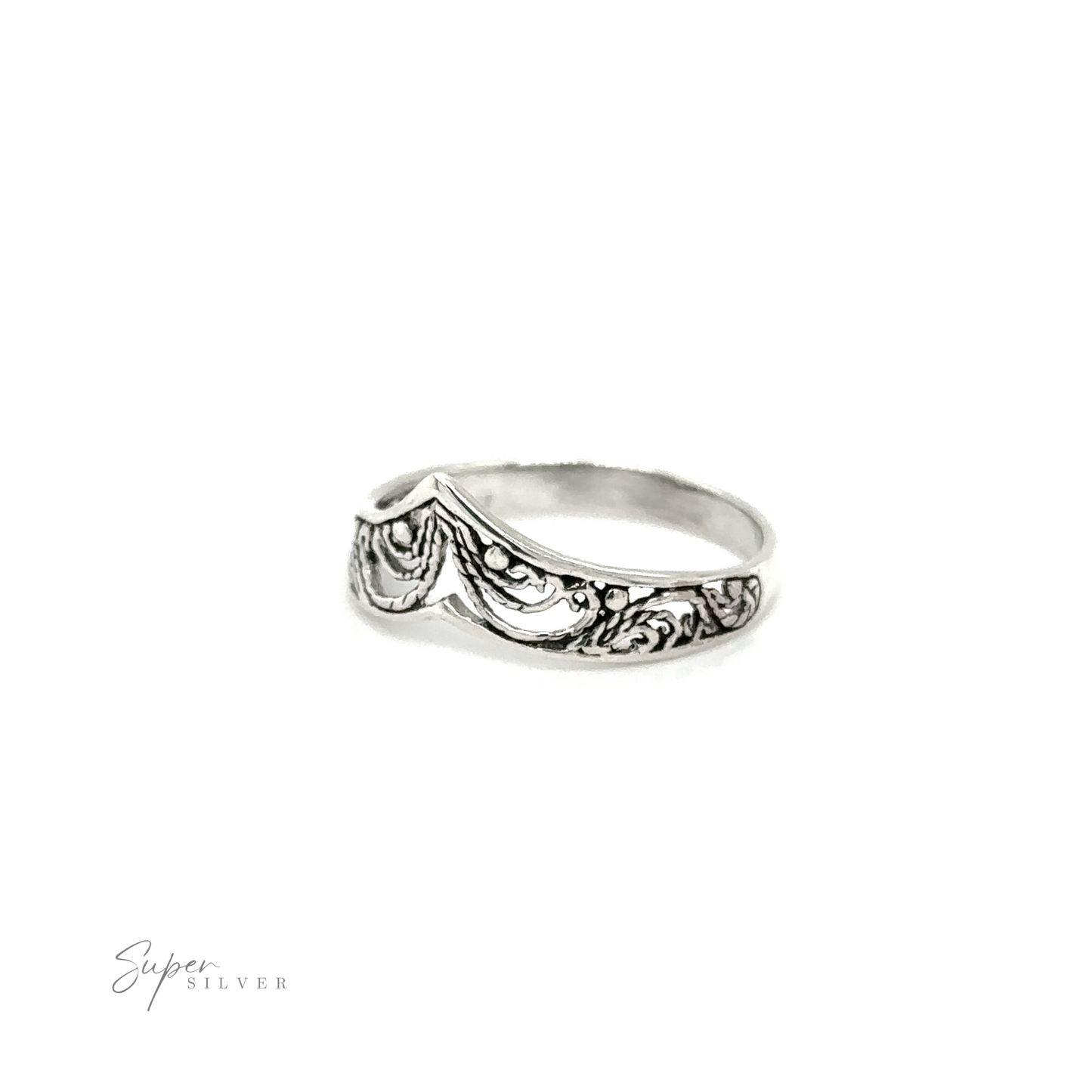 
                  
                    A Chevron ring with lacey filigree swirls.
                  
                