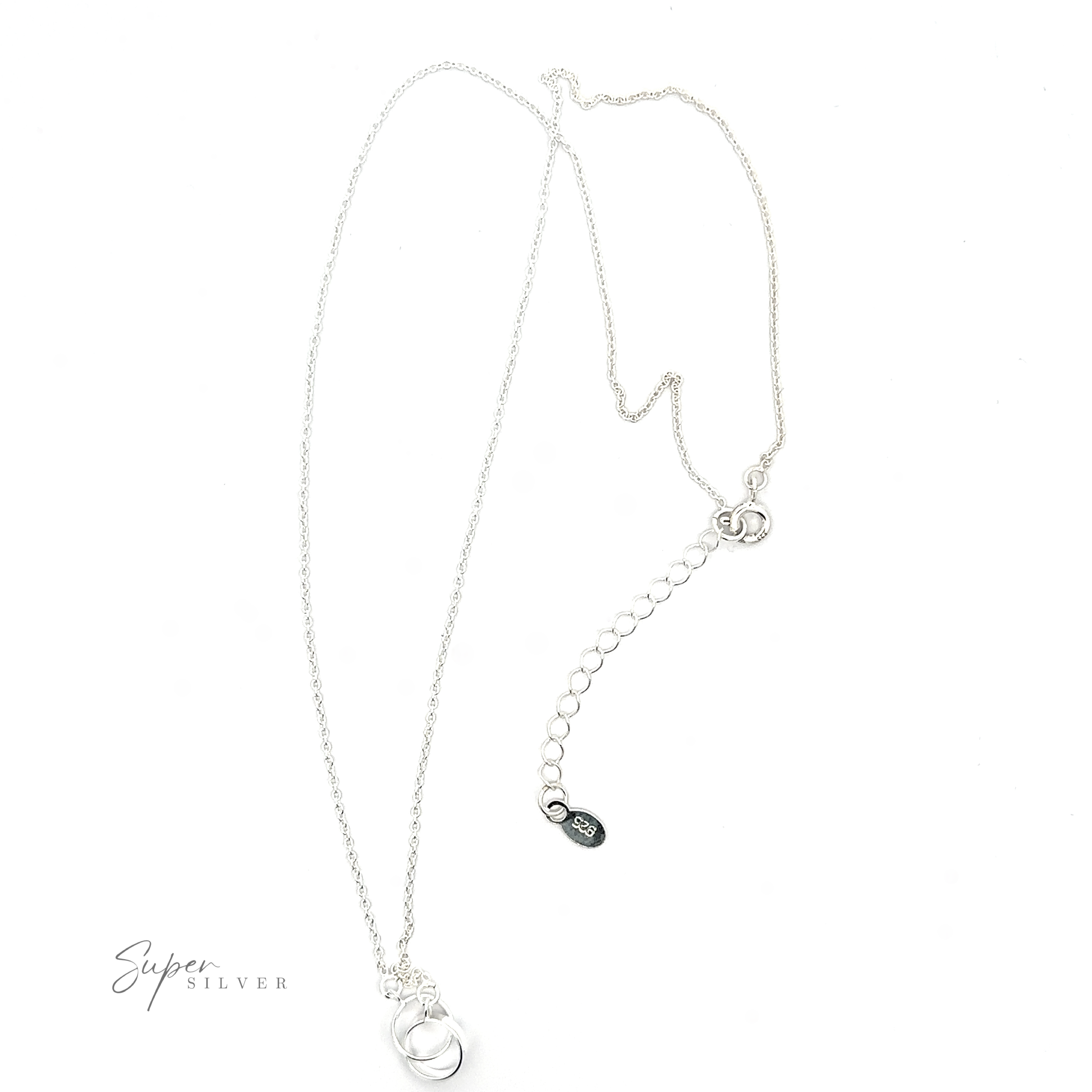 A delicate .925 Sterling Silver Double Circle Necklace featuring a simple chain, an adjustable clasp, and a small double-circle pendant at the end, symbolizing an eternal bond.