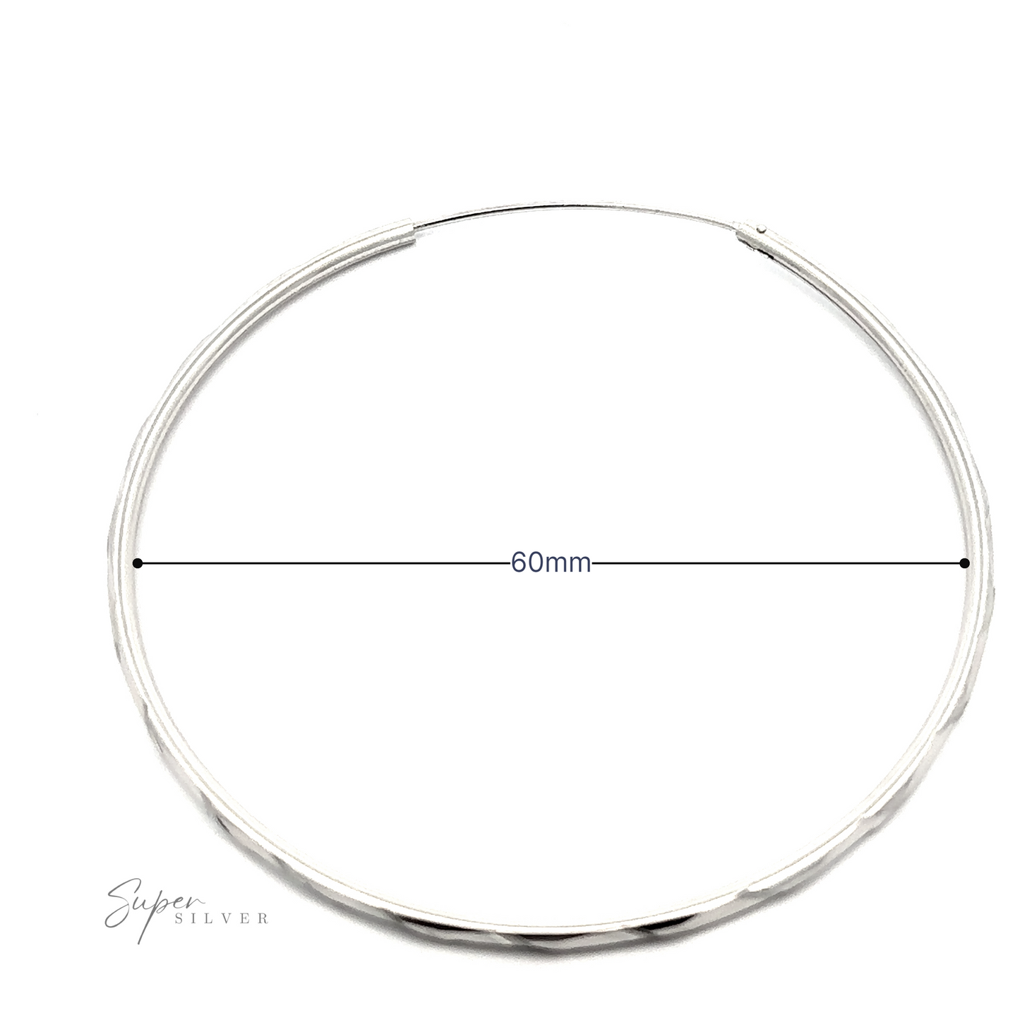 
                  
                    A plain rhodium-plated silver bangle bracelet with a 60mm diameter, displayed against a white background with a measurement indicator.
                  
                
