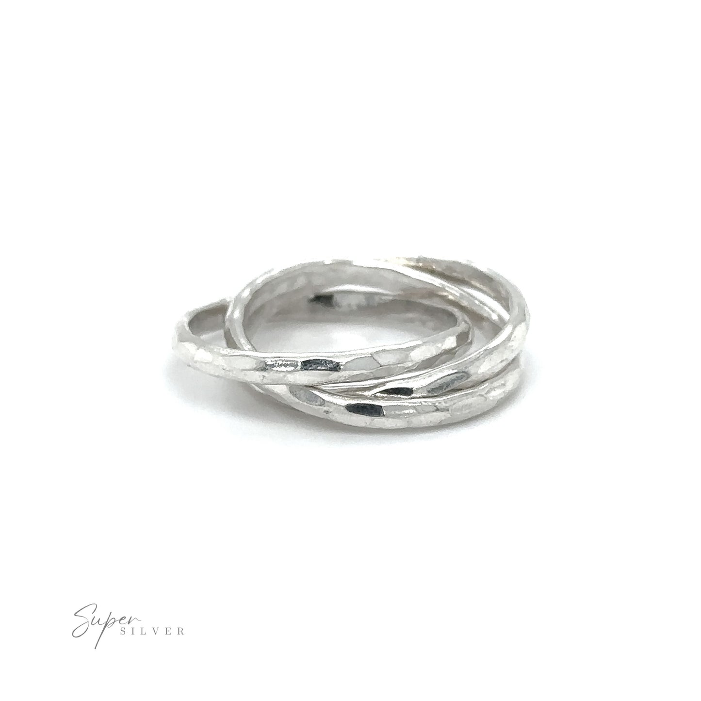 
                  
                    Trinity band 2mm Hammered Triple Rolling Ring stacking ring.
                  
                