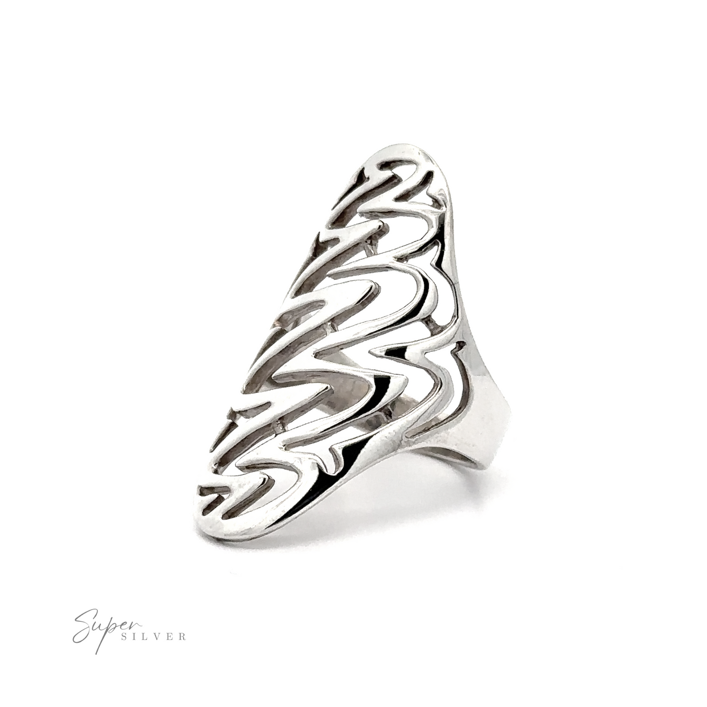 
                  
                    An Oval Freestyle Band Silver Ring with an intricate design.
                  
                