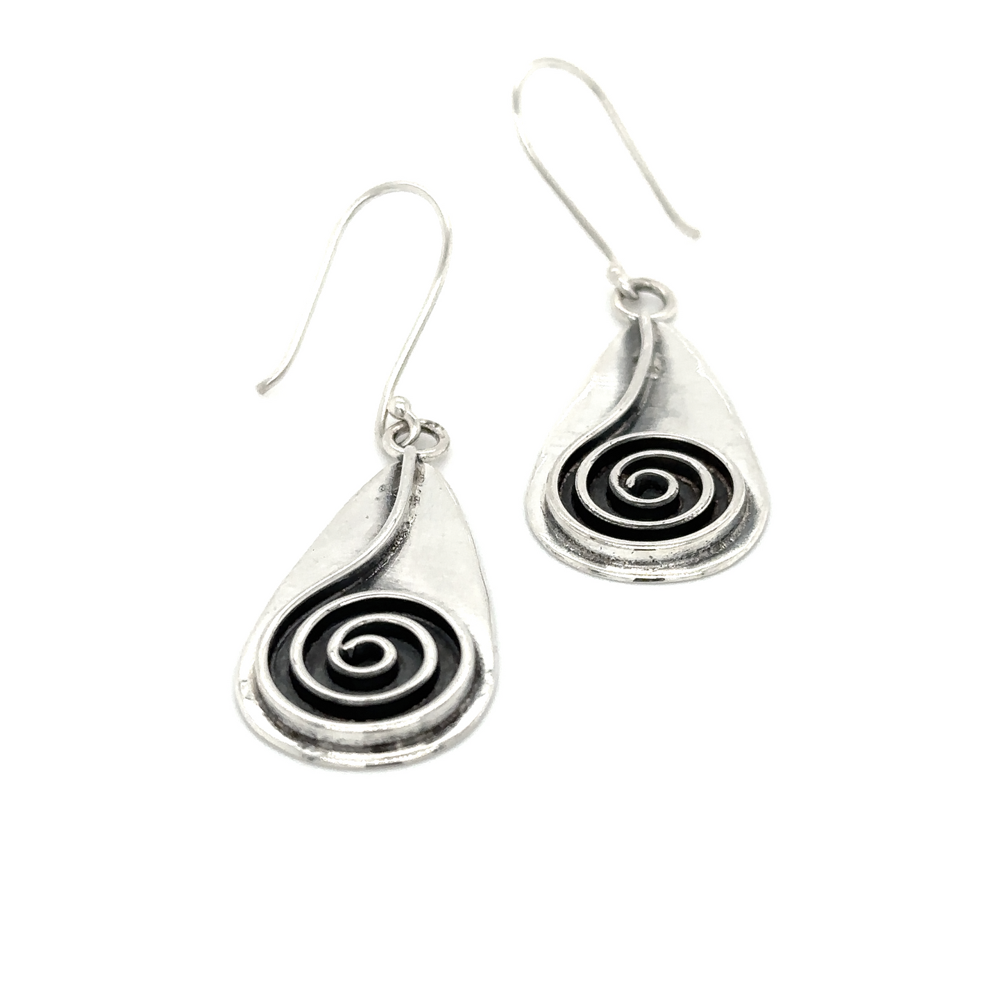 
                  
                    A pair of Super Silver Statement Teardrop Spiral Earrings with an ancient symbol design.
                  
                