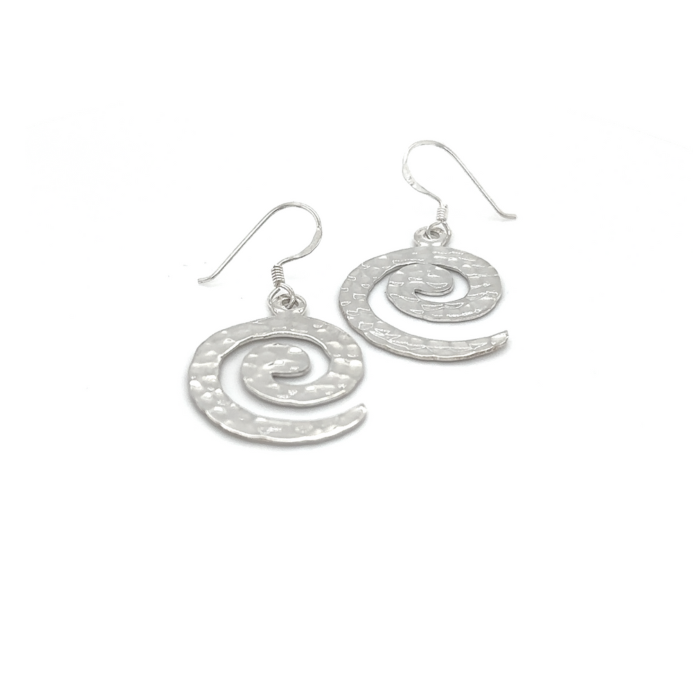 
                  
                    A pair of lightweight Super Silver Hammered Spiral Earrings on a white background.
                  
                