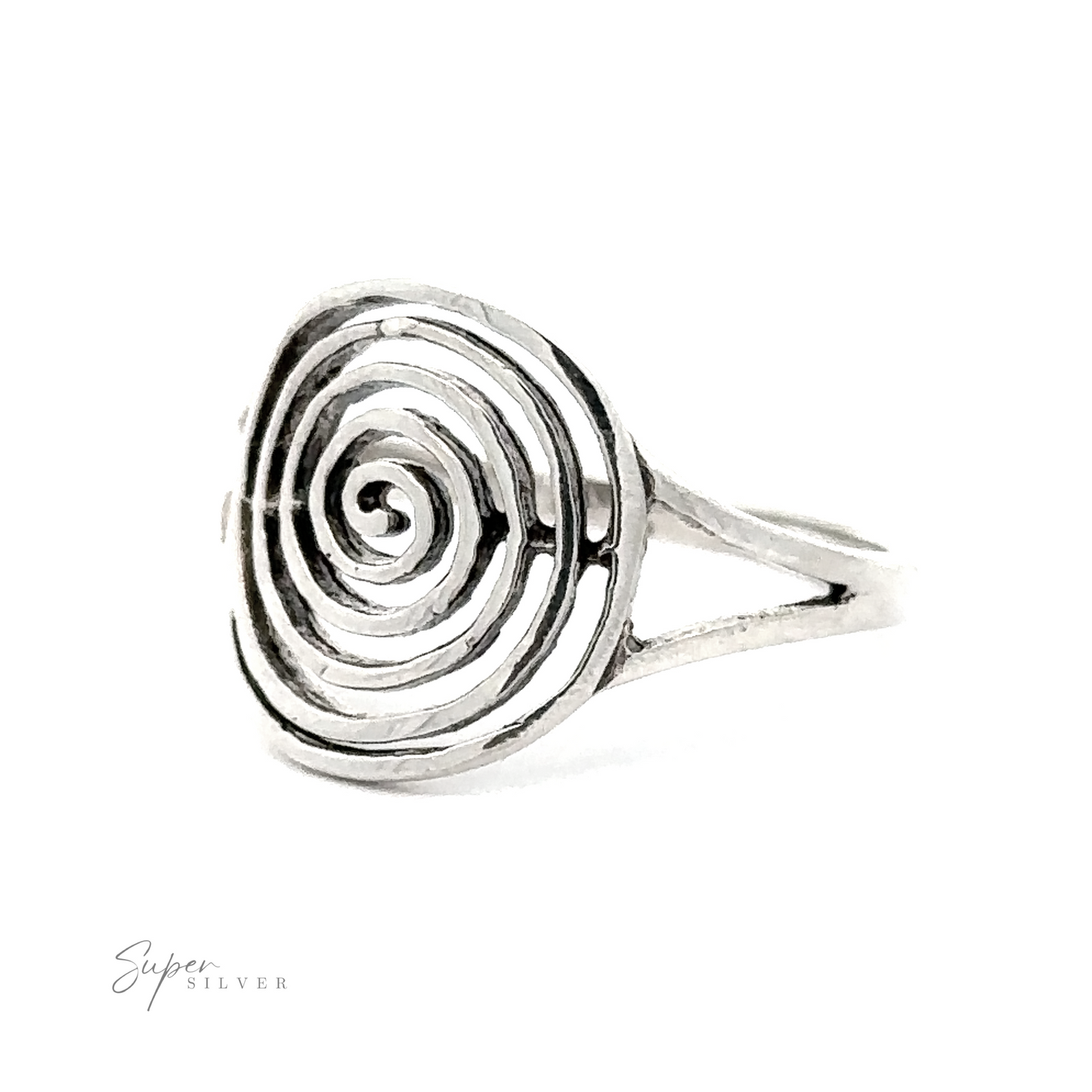 An oxidized spiral ring with a sterling silver design.