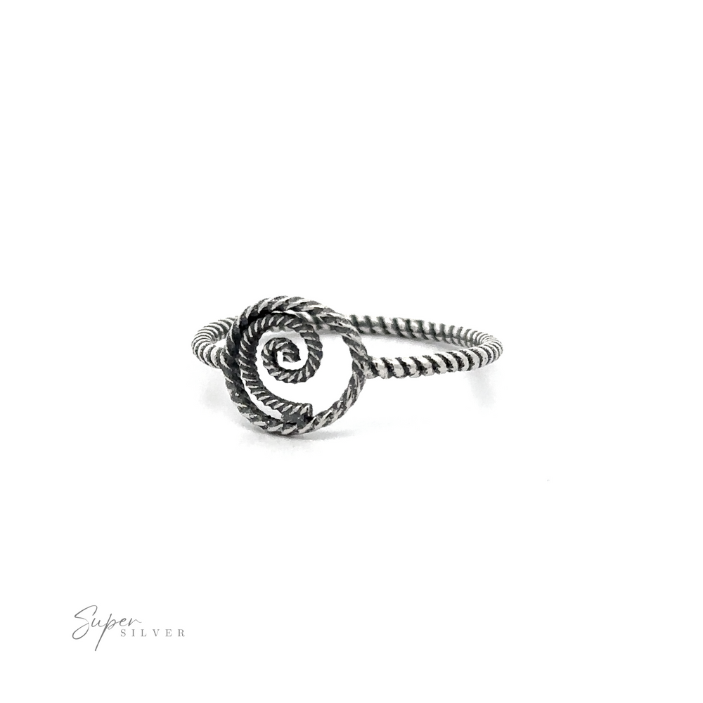 
                  
                    A sterling silver spiral ring with a rope band.
                  
                