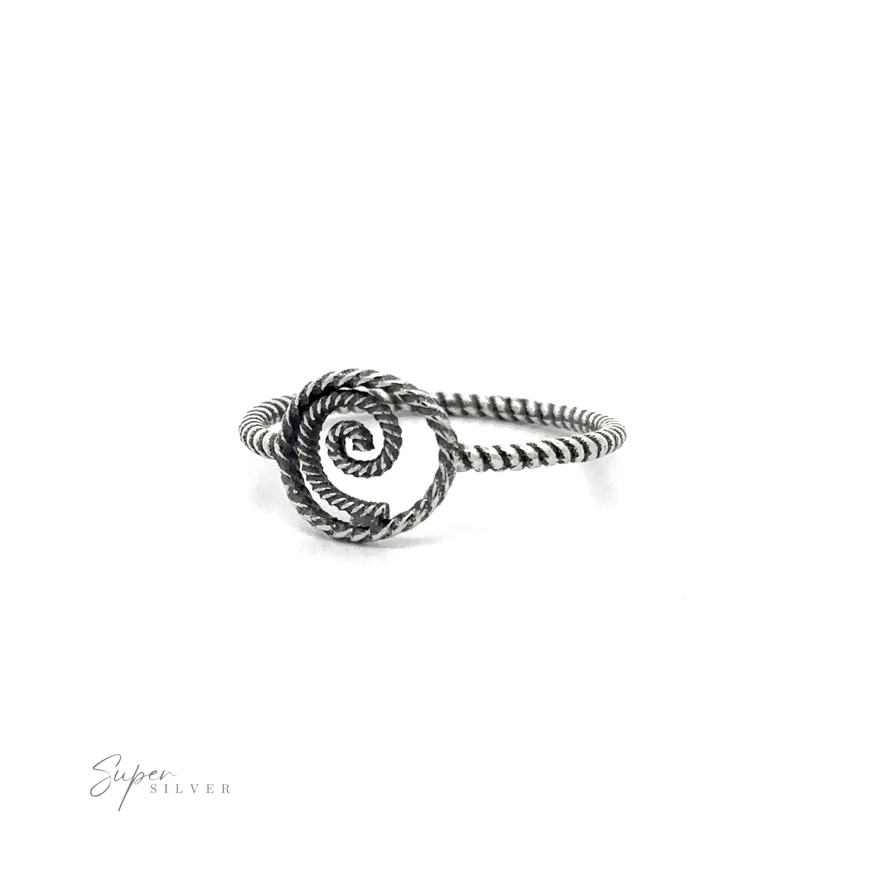 A sterling silver spiral ring with a rope band.