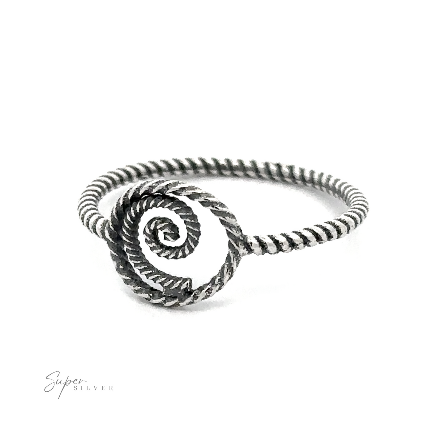A sterling silver Spiral Ring With Rope Band.