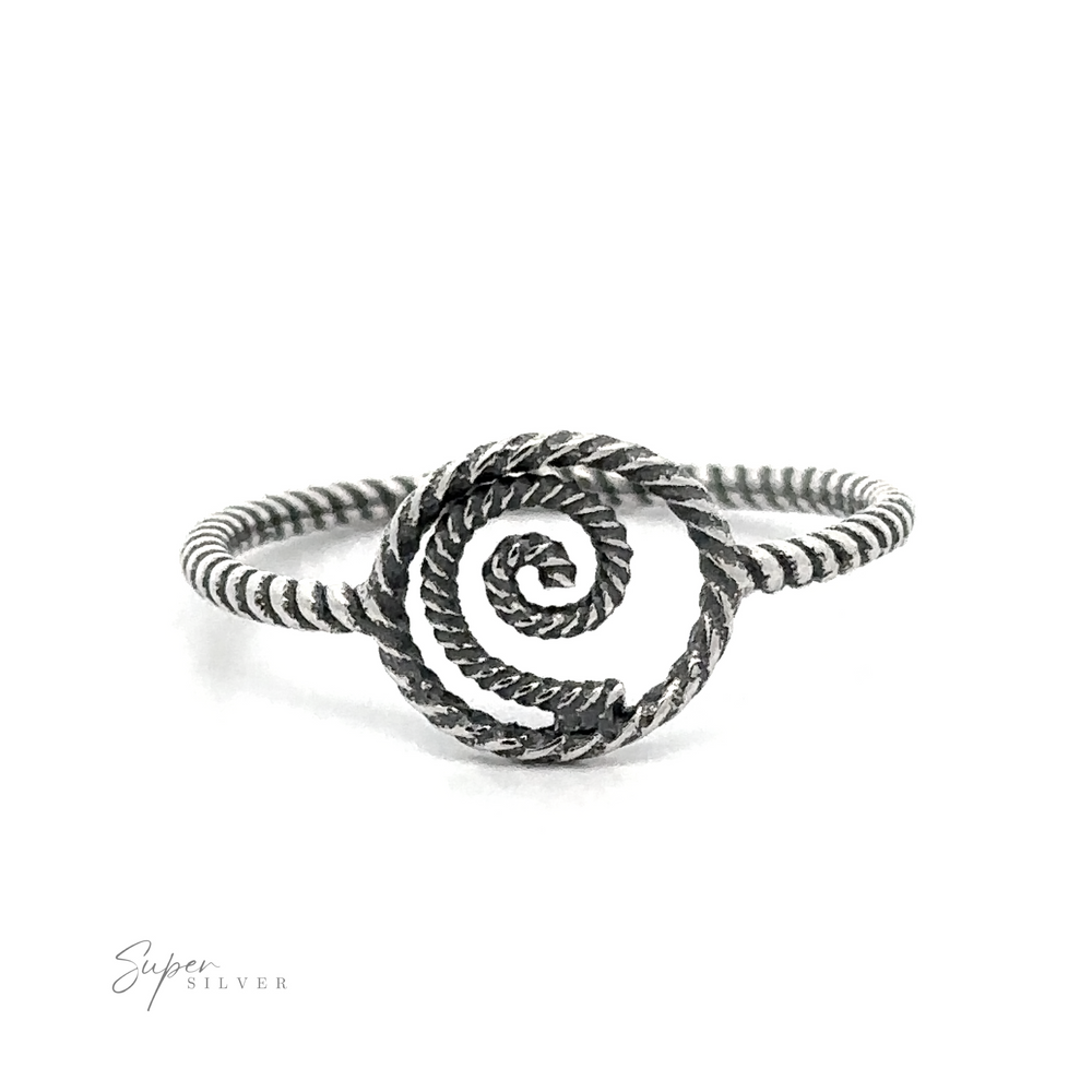 A Spiral Ring With Rope Band with a sterling silver design on it.