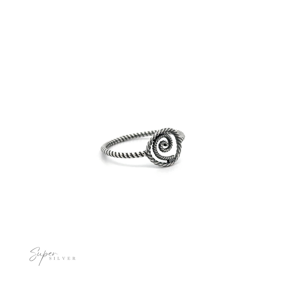 
                  
                    A sterling silver "Spiral Ring With Rope Band" with a spiral design.
                  
                
