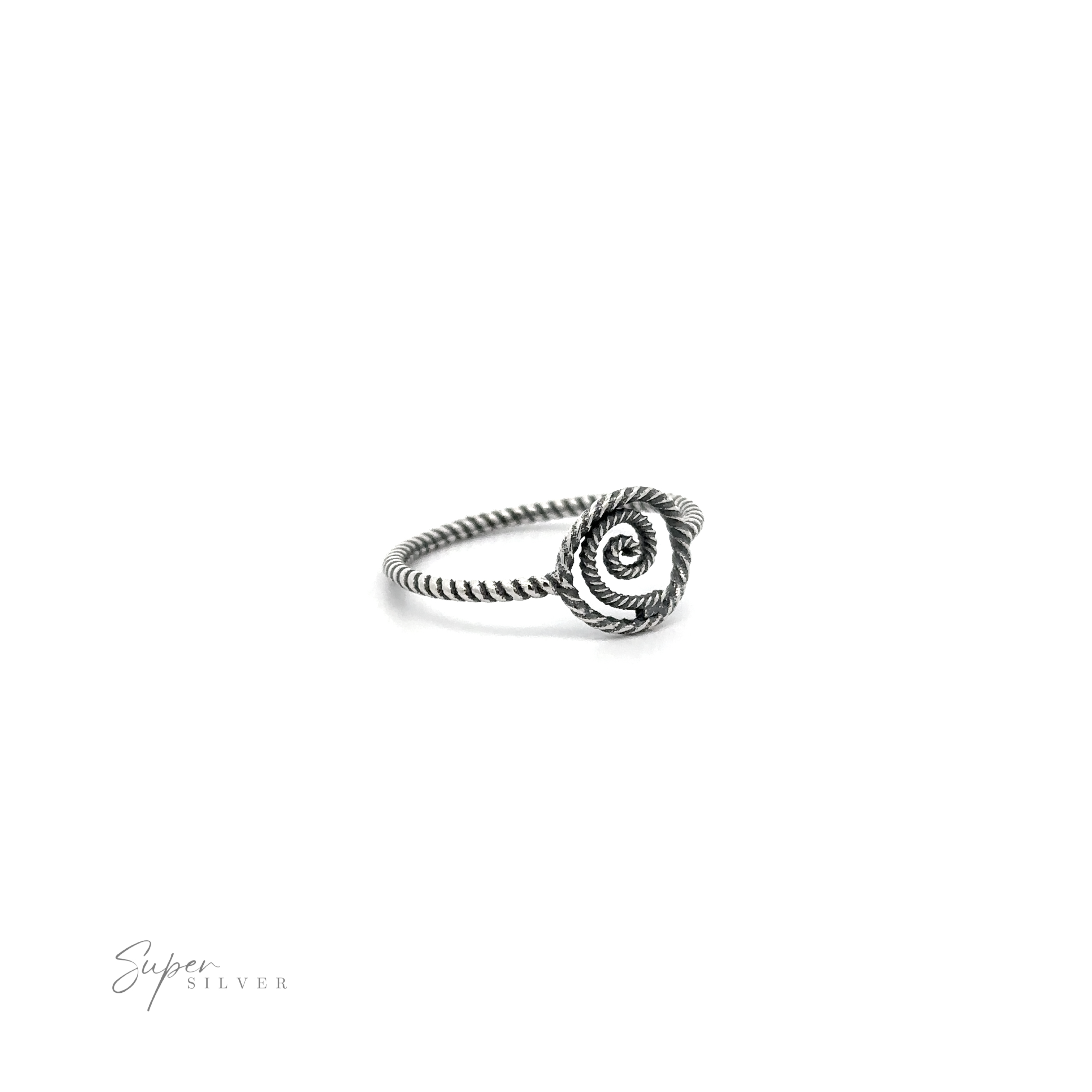 A sterling silver "Spiral Ring With Rope Band" with a spiral design.
