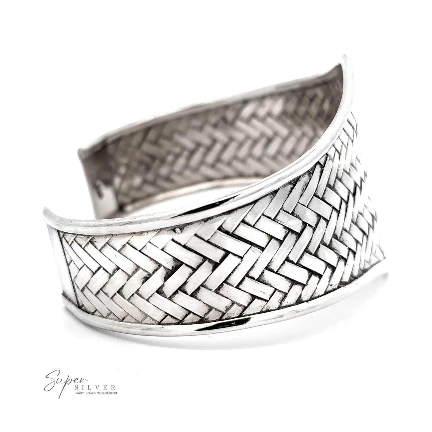 
                  
                    A Wide Diamond Shaped Basket Weave Cuff Bracelet with a basket weave pattern design. The brand name "Super Silver" is visible in the bottom left corner.
                  
                