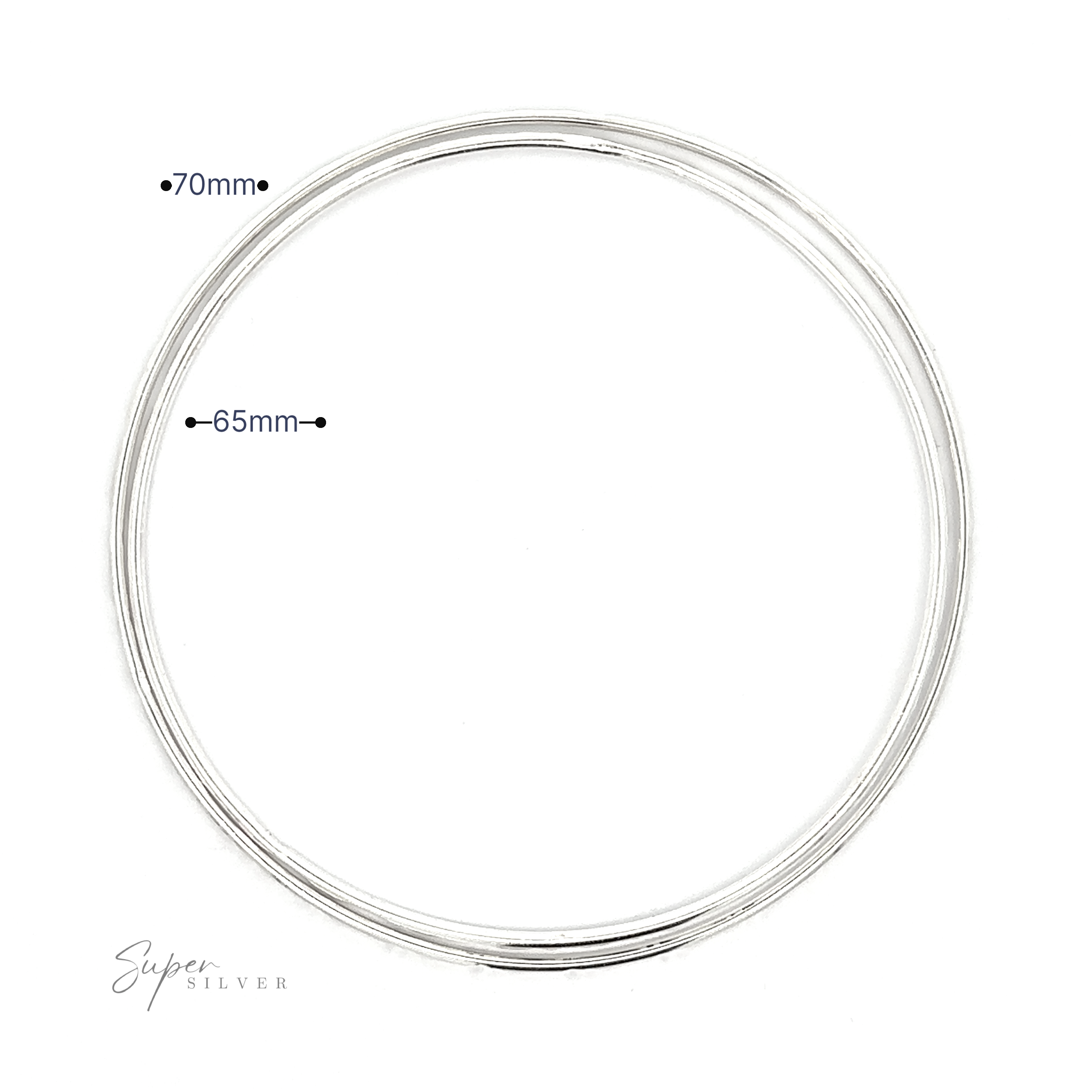 Sparkling Faceted Bangle Bracelet with an outer diameter of 70mm and an inner diameter of 65mm on a white background. Text reads "Super Silver" in the bottom left corner.