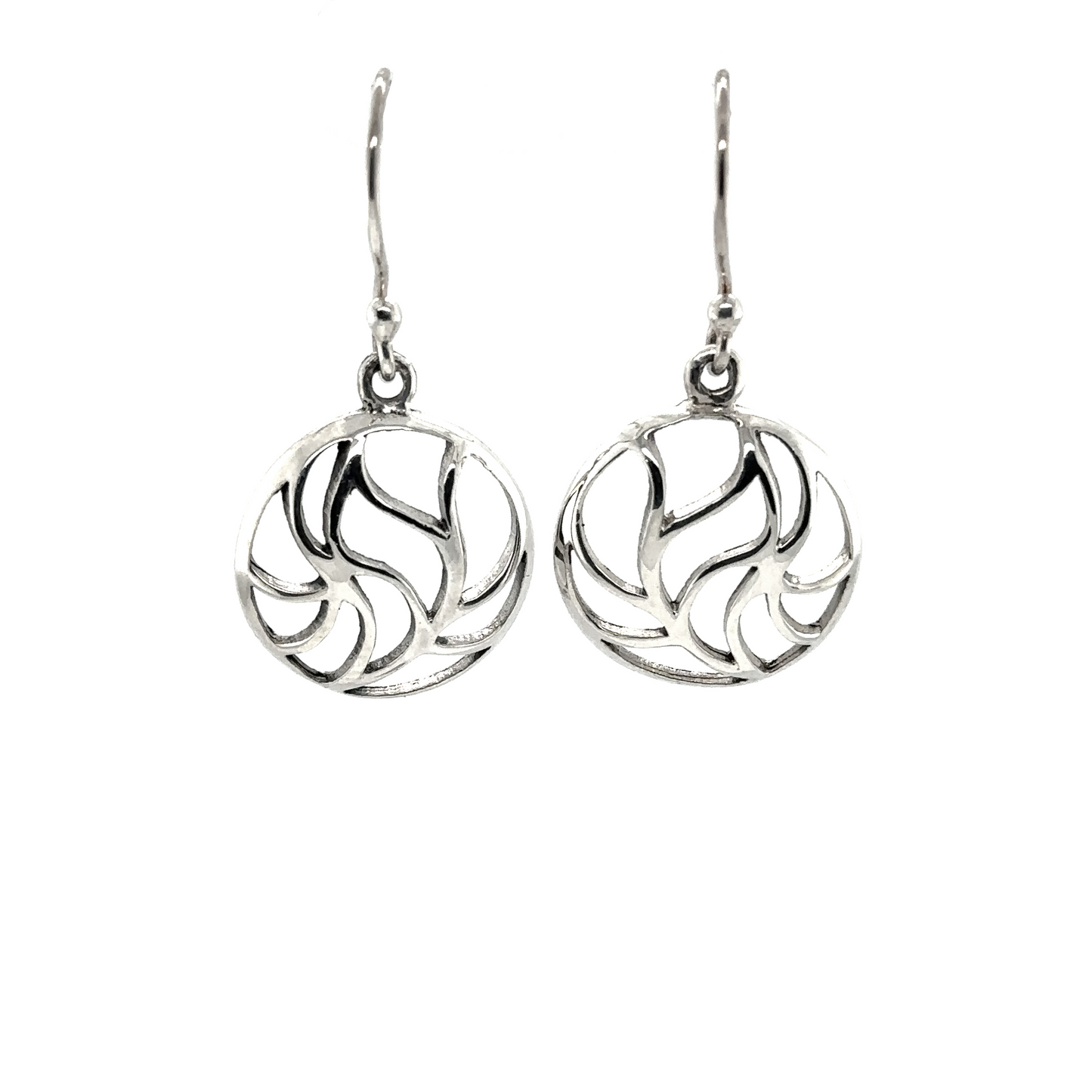 
                  
                    A pair of Circle Earrings with Leaf Cutouts by Super Silver with a swirl design.
                  
                