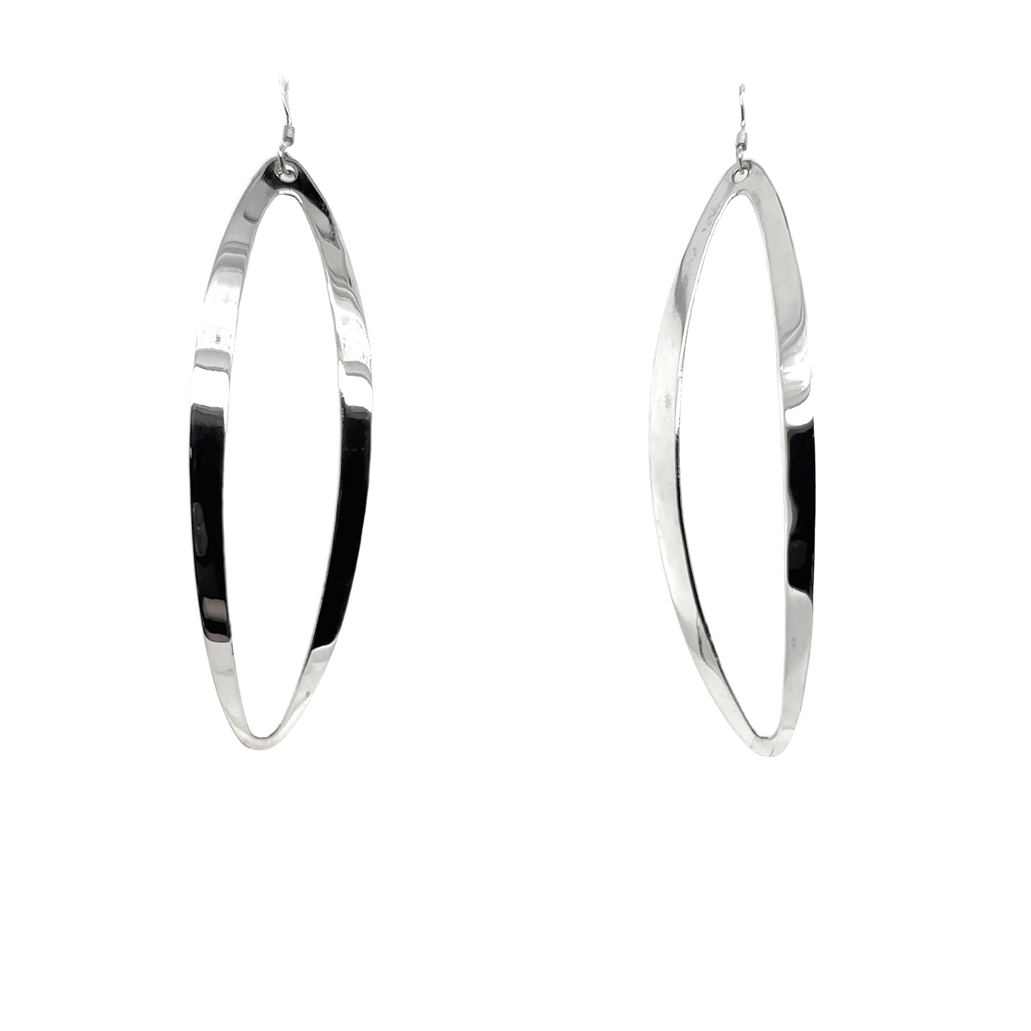 
                  
                    A large pair of Super Silver elliptical dangle earrings on a white background.
                  
                