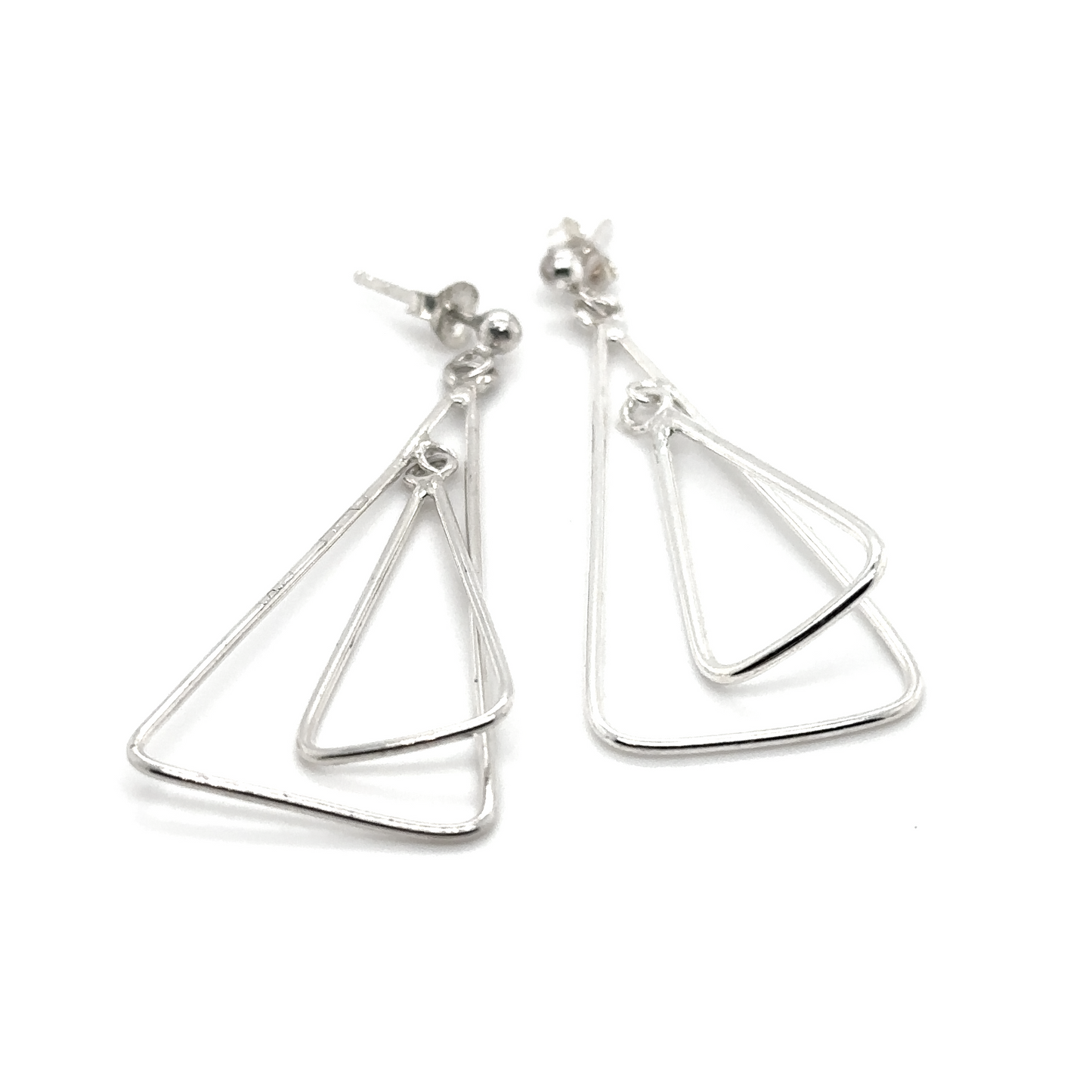 A pair of elegant Super Silver Simple Nesting Triangle Drop Post Earrings on a white background.