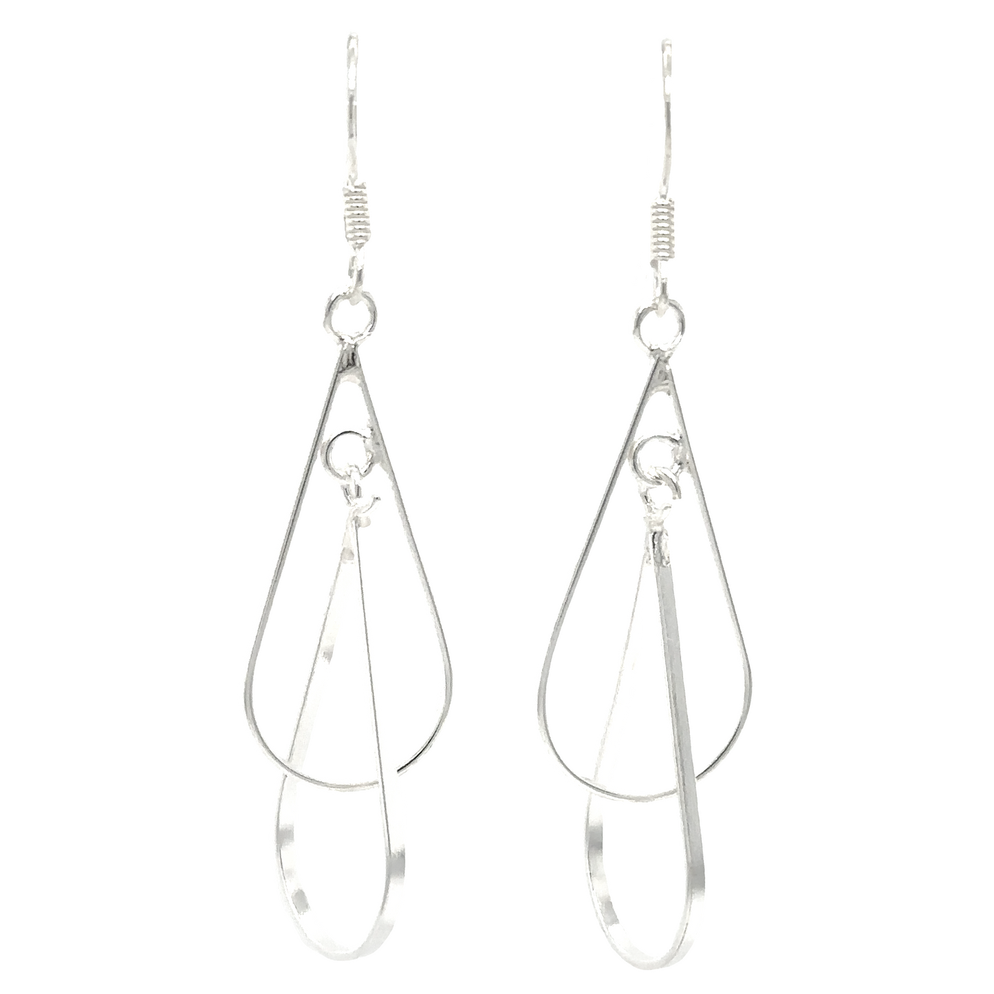 A pair of Super Silver Double Wire Teardrop Earrings, which are lightweight and have a modern teardrop shape.