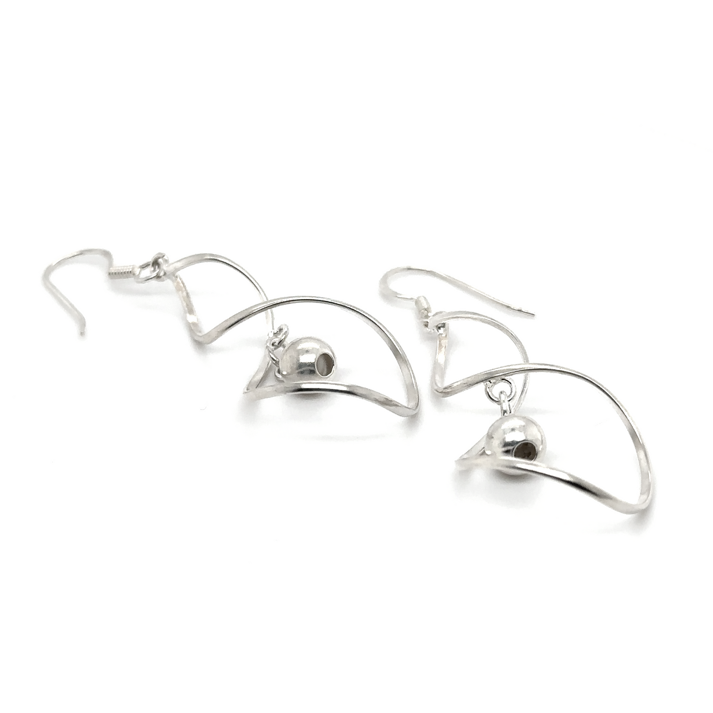 A pair of Super Silver Freeform Wavy Silver Earrings with Balls, with a contemporary design and modern charm, featuring a ball in the middle.