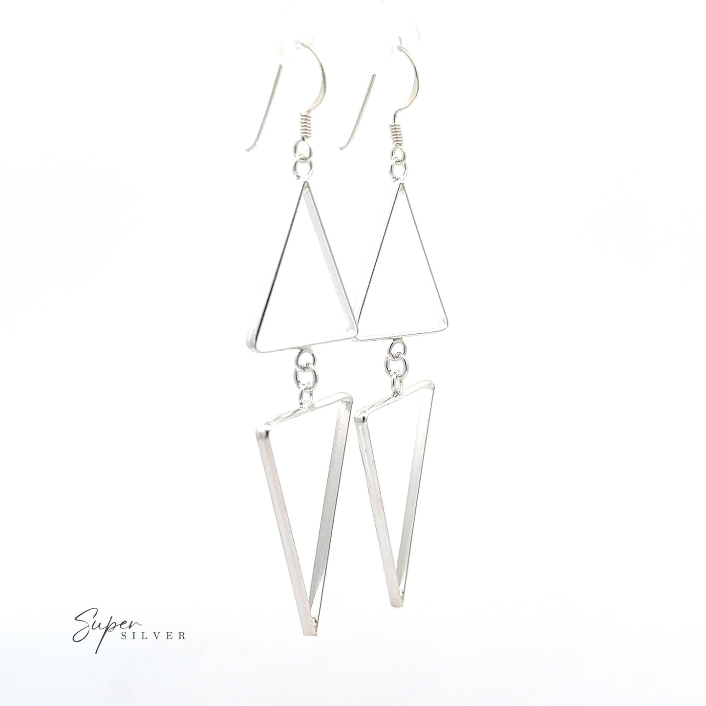 
                  
                    Minimalist design meets elegance with these Long Modern Double Triangle Earrings displayed on a white background.
                  
                