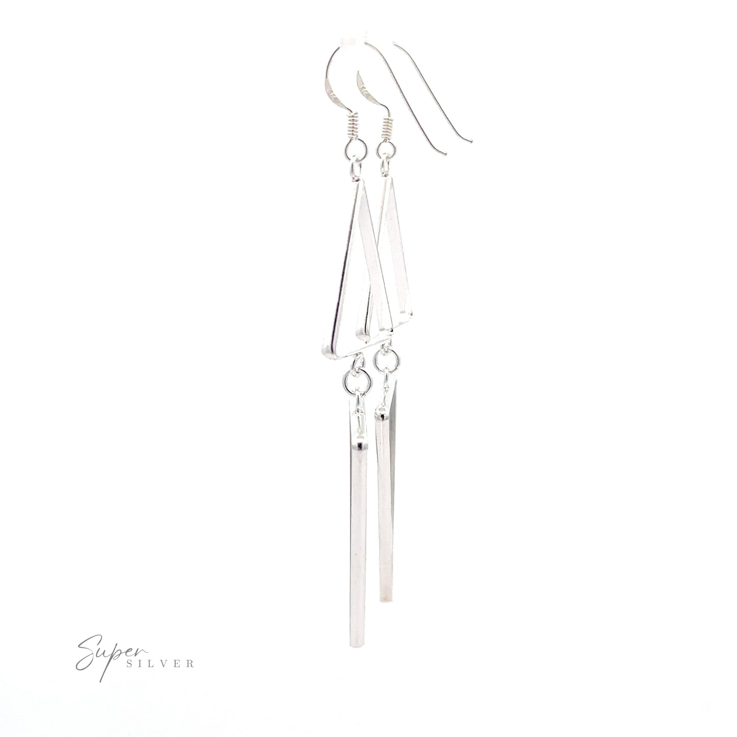 
                  
                    Two Long Modern Double Triangle Earrings dangling against a white background.
                  
                