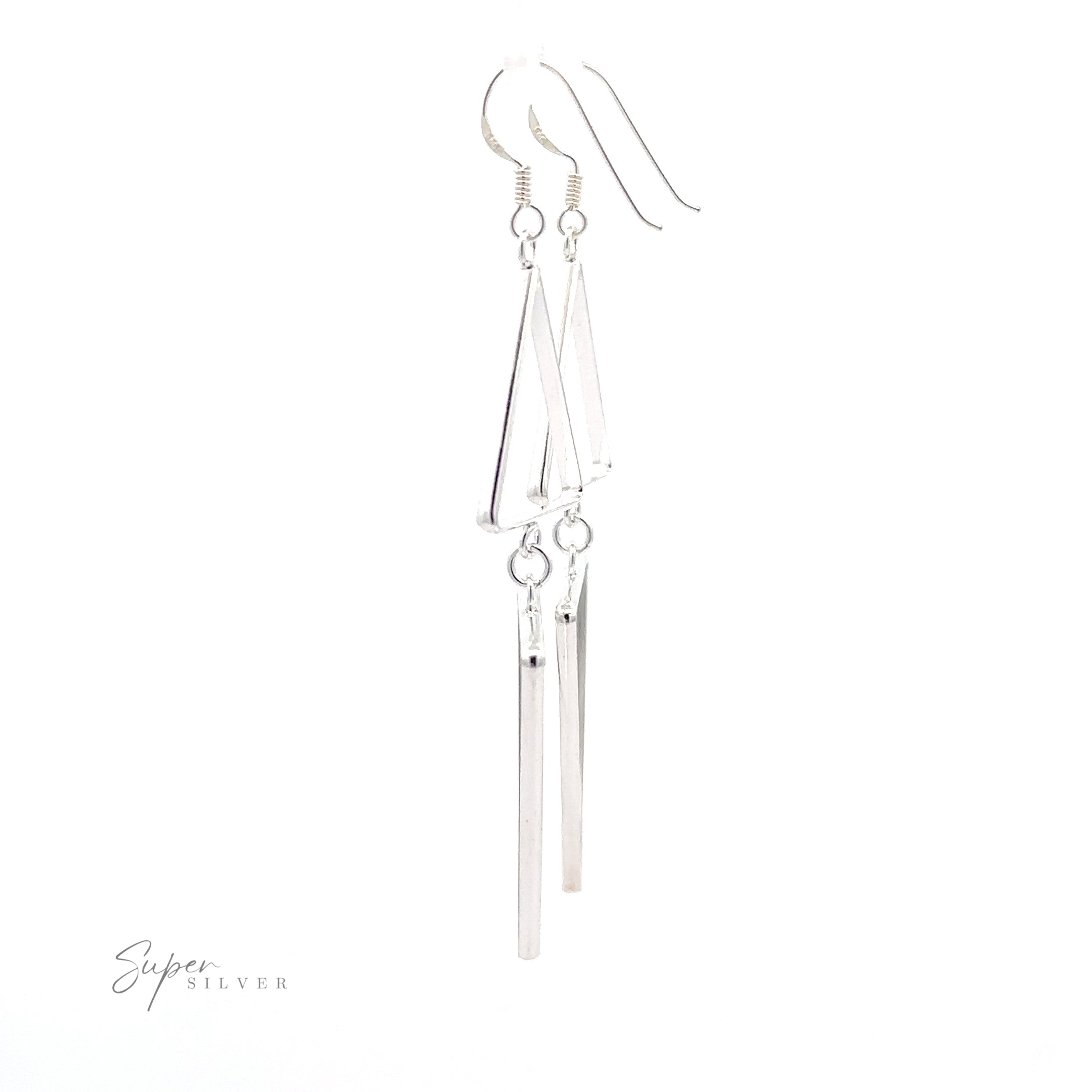 Two Long Modern Double Triangle Earrings dangling against a white background.