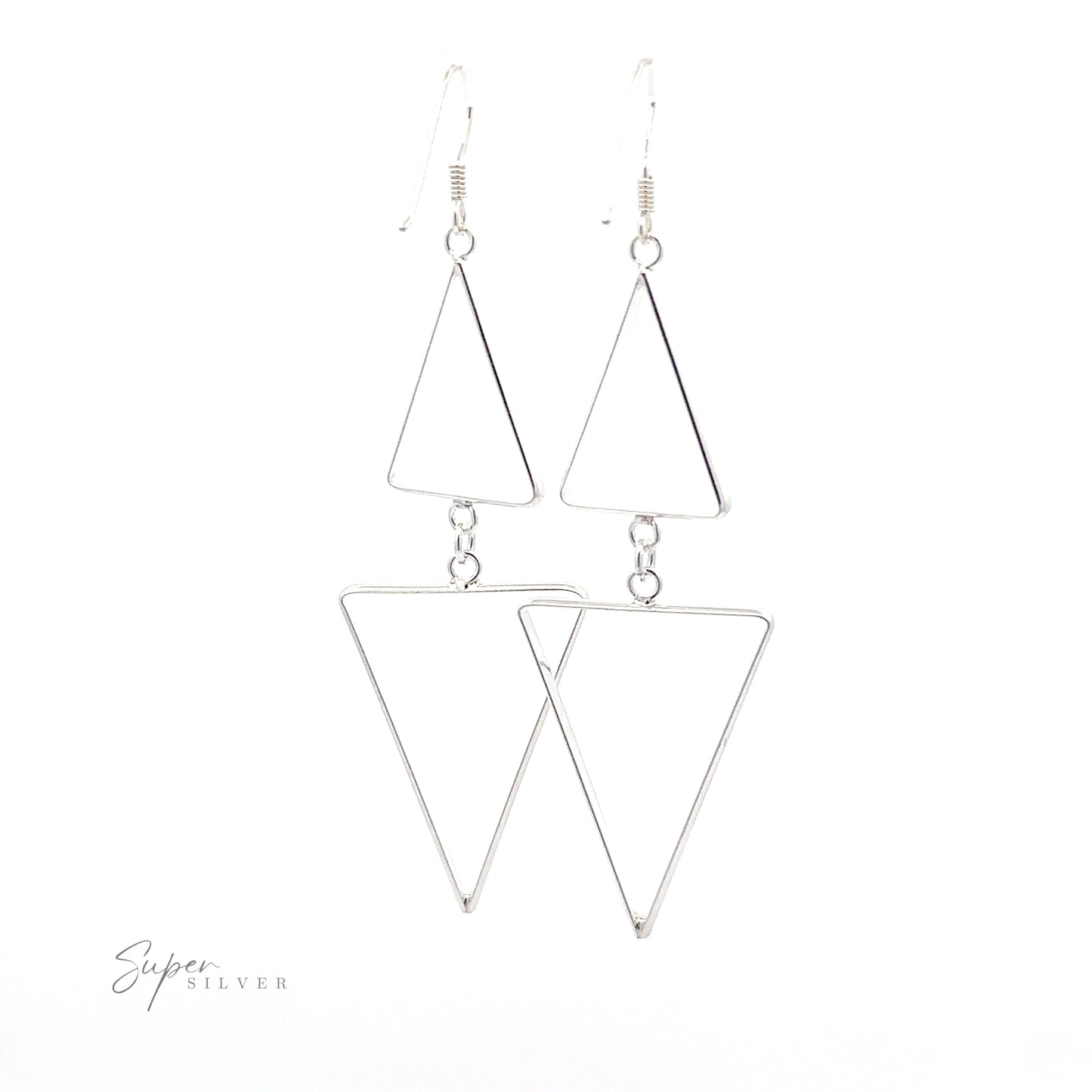 
                  
                    Long Modern Double Triangle Earrings on a white background with a minimalist design.
                  
                