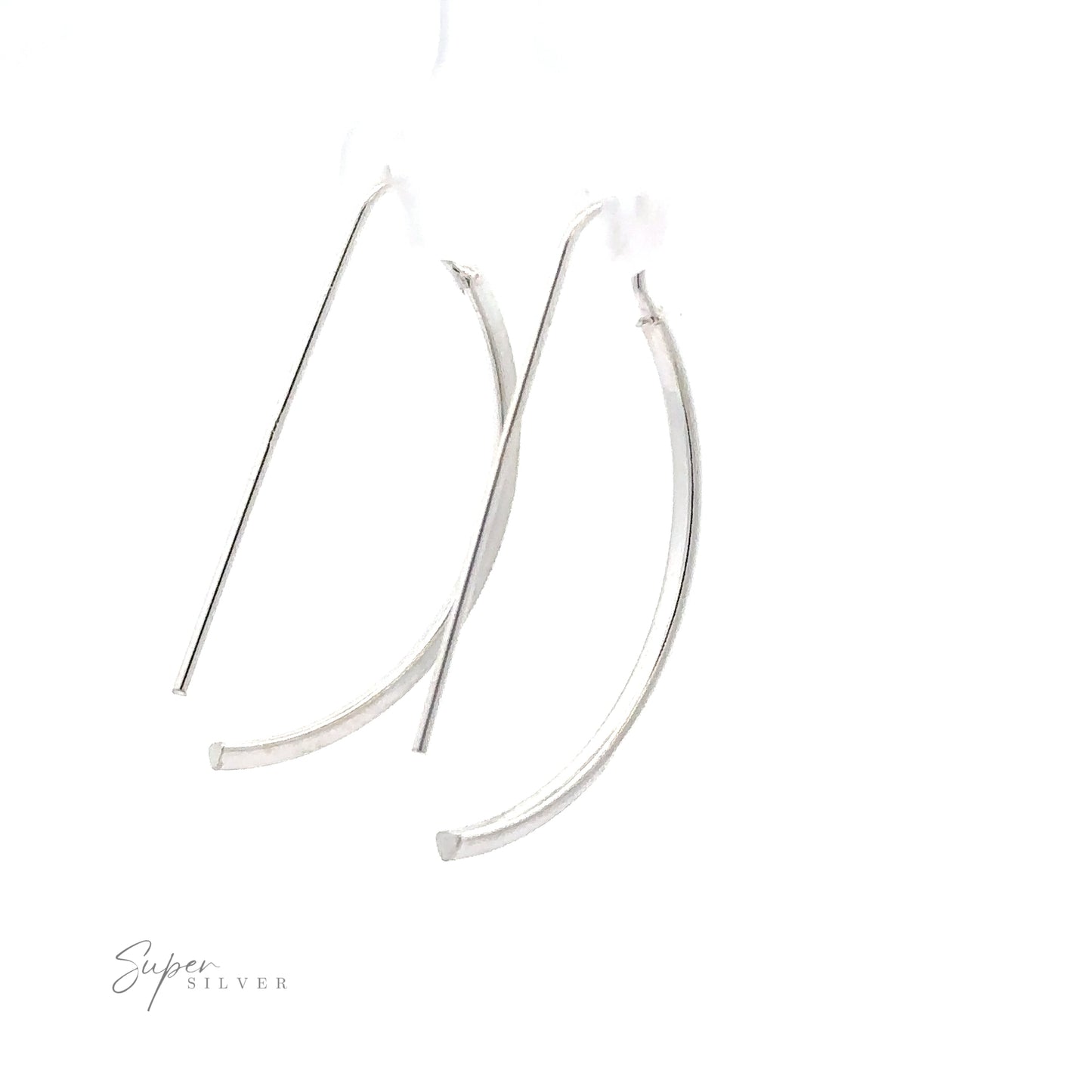 
                  
                    A pair of Fixed Curved Bar Earrings with a minimalist design, displayed on a white background.
                  
                
